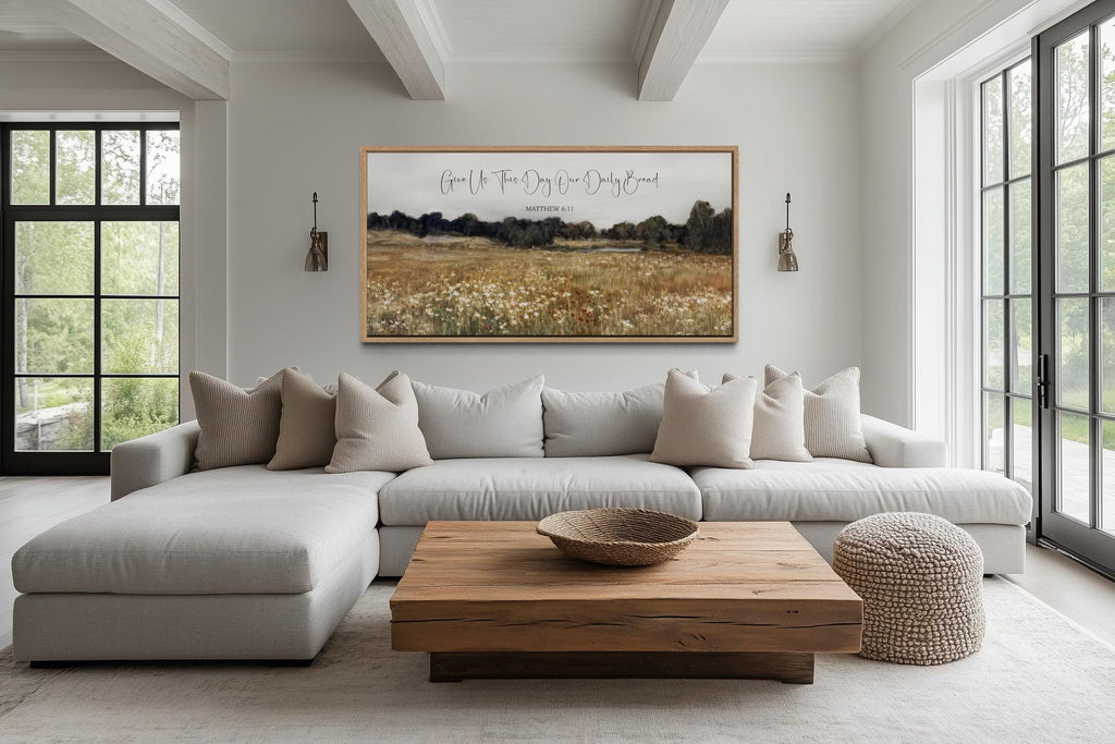 Give Us This Day Our Daily Bread, Matthew 6 11 Christian Scripture Wall Art  on Rustic Wildflowers Field Landscape