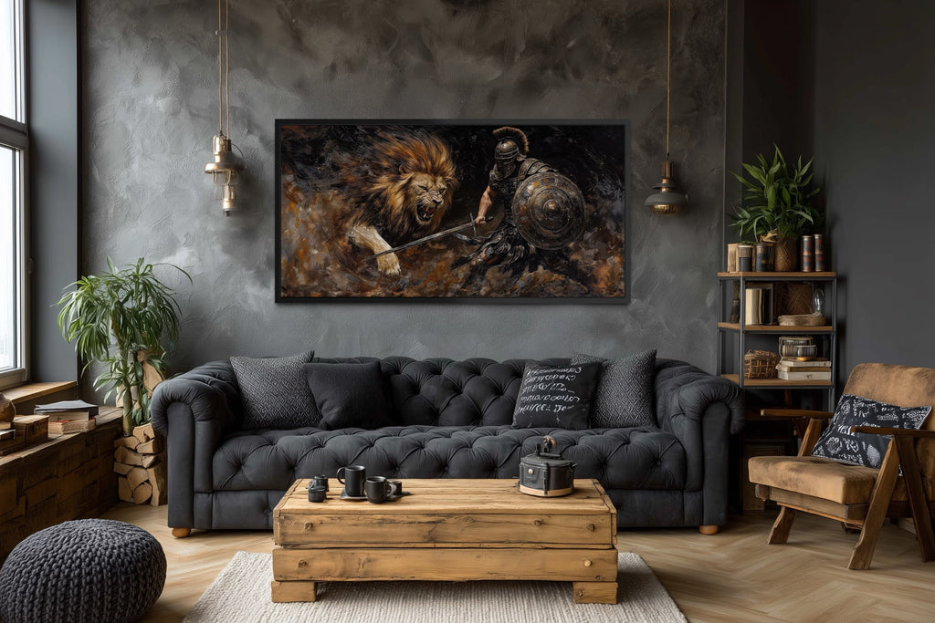 Gladiator Fighting Lion Canvas Wall Art For Man Cave Decor