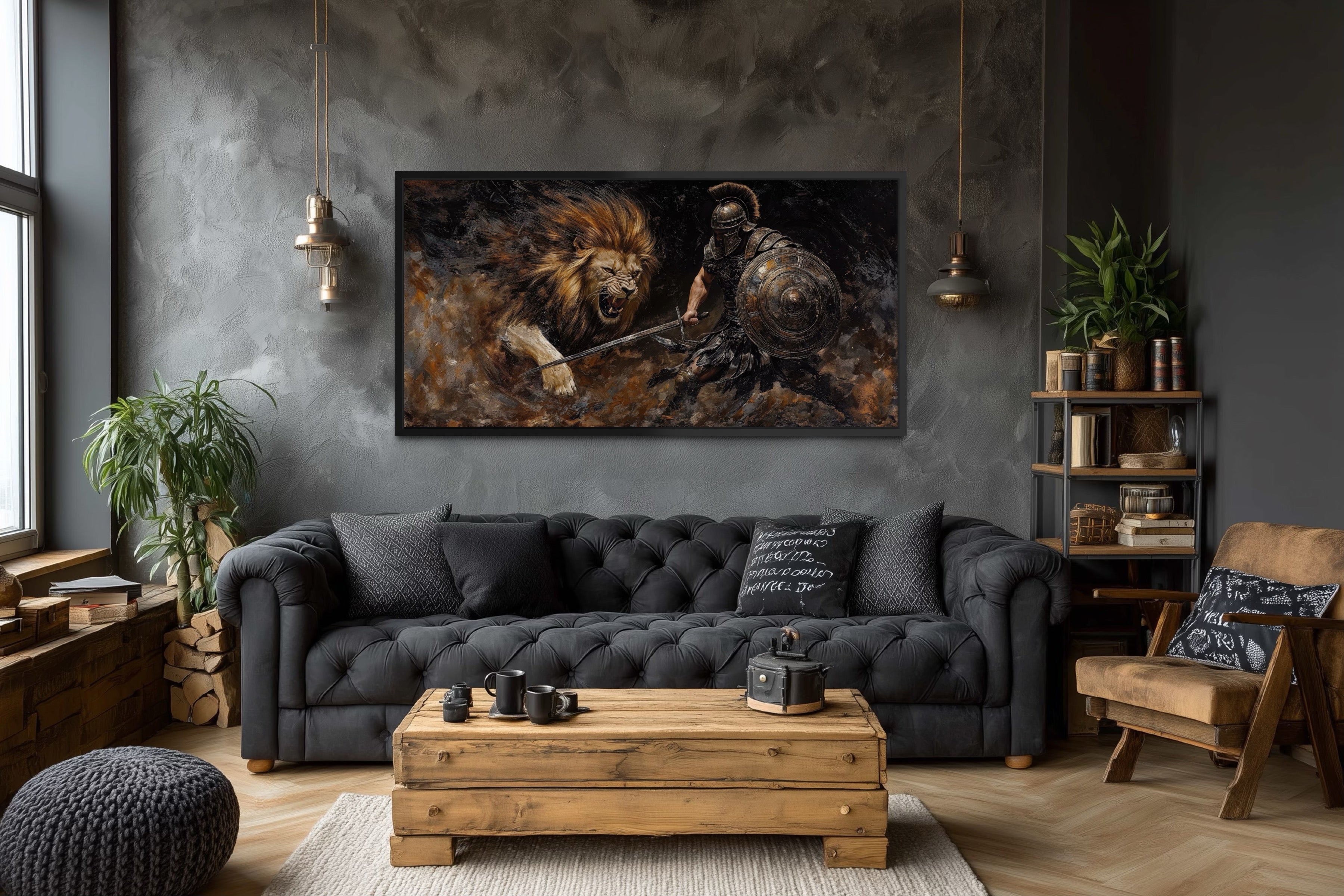Gladiator Fighting Lion Canvas Wall Art For Man Cave Decor