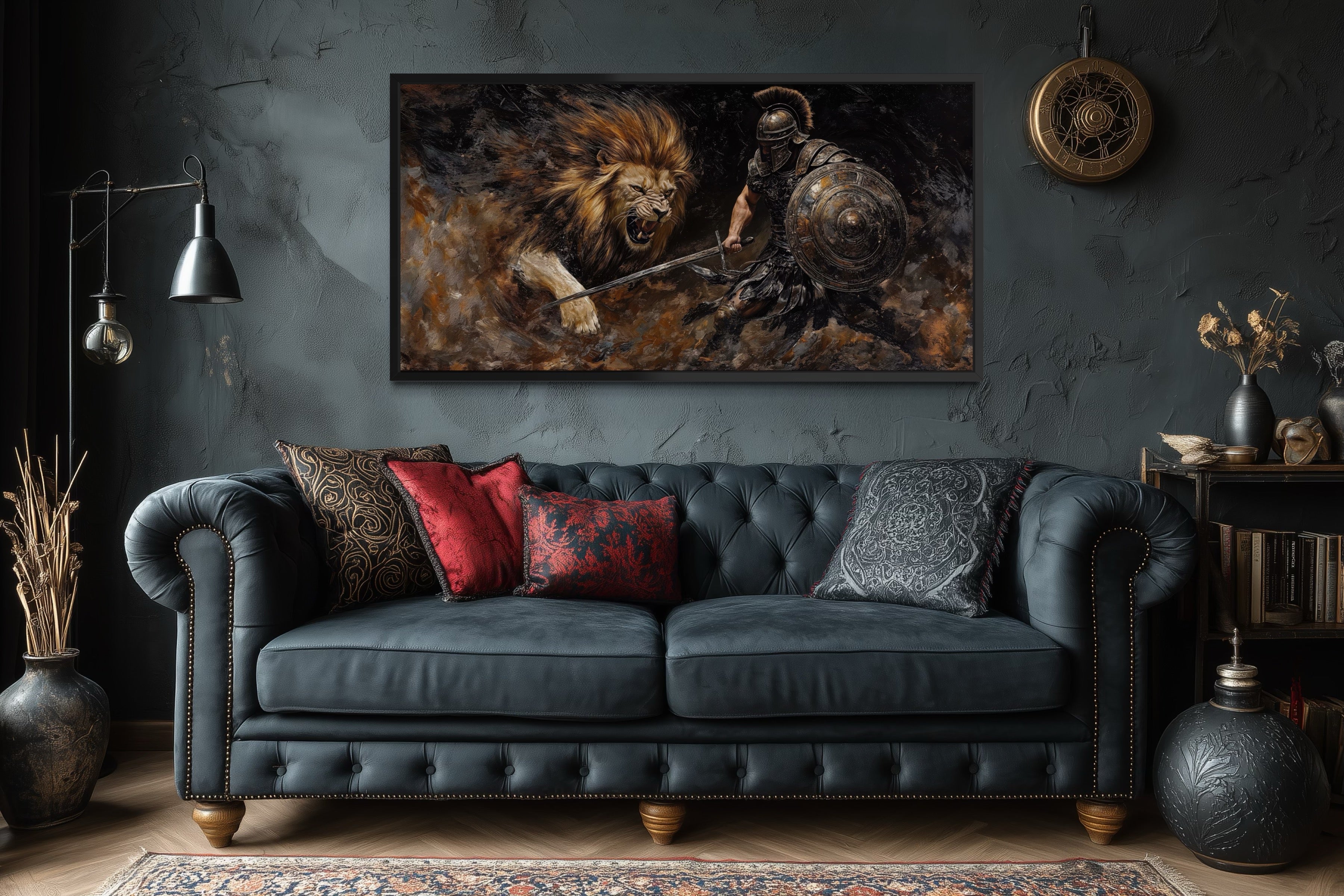 Gladiator Fighting Lion Canvas Wall Art For Man Cave Decor