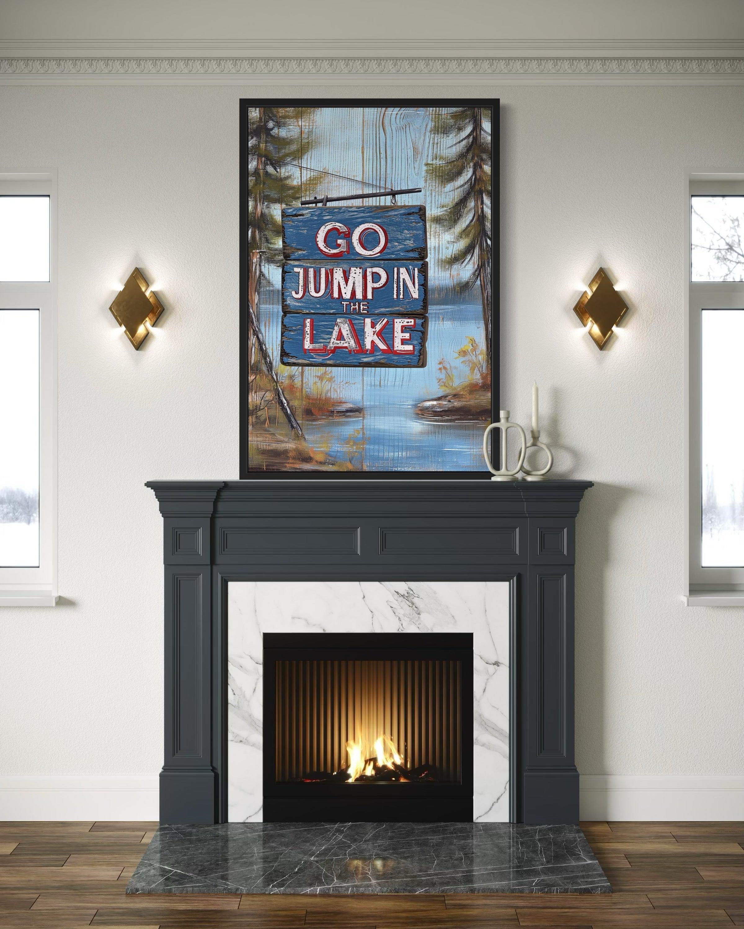 Go Jump In The Lake Rustic Lake House Framed Canvas Wall Art