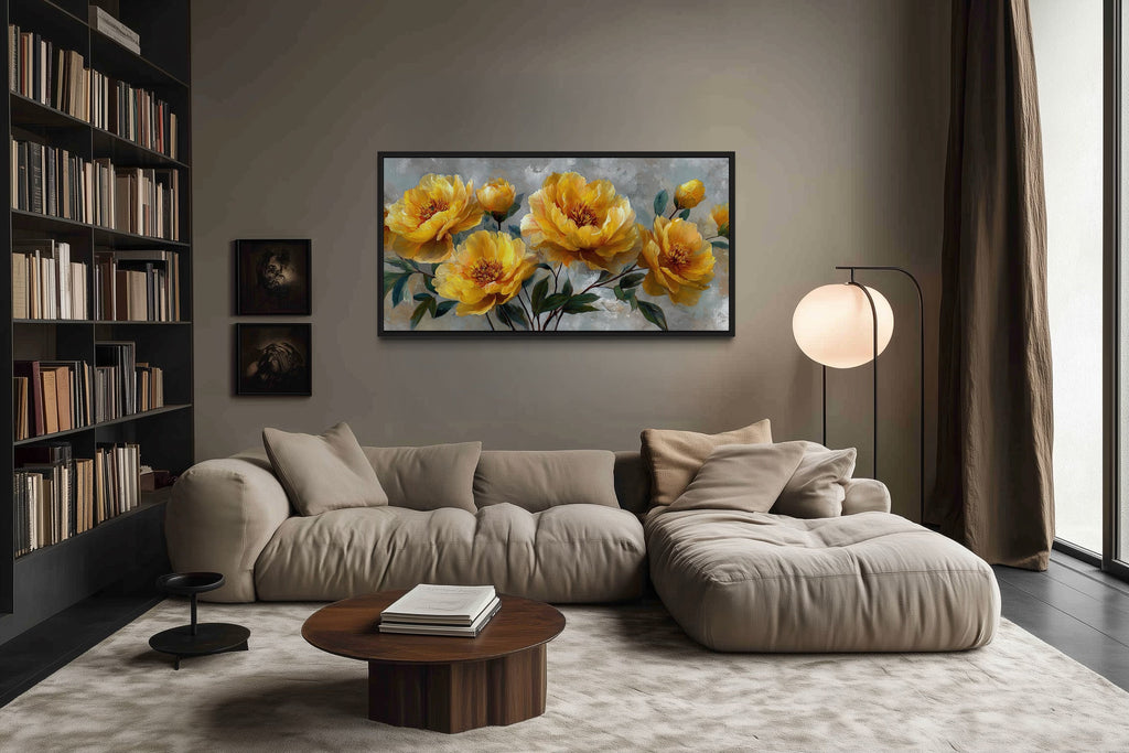 Gold Abstract Flowers On Grey Background Modern Living Room Wall Art