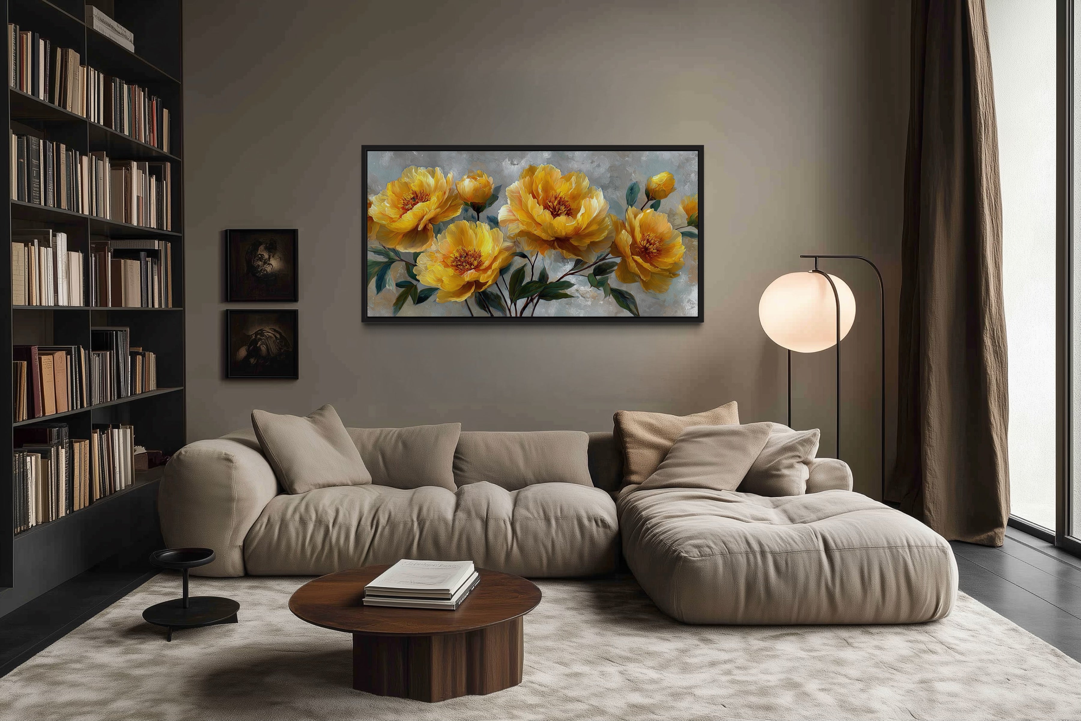 Gold Abstract Flowers On Grey Background Modern Living Room Wall Art