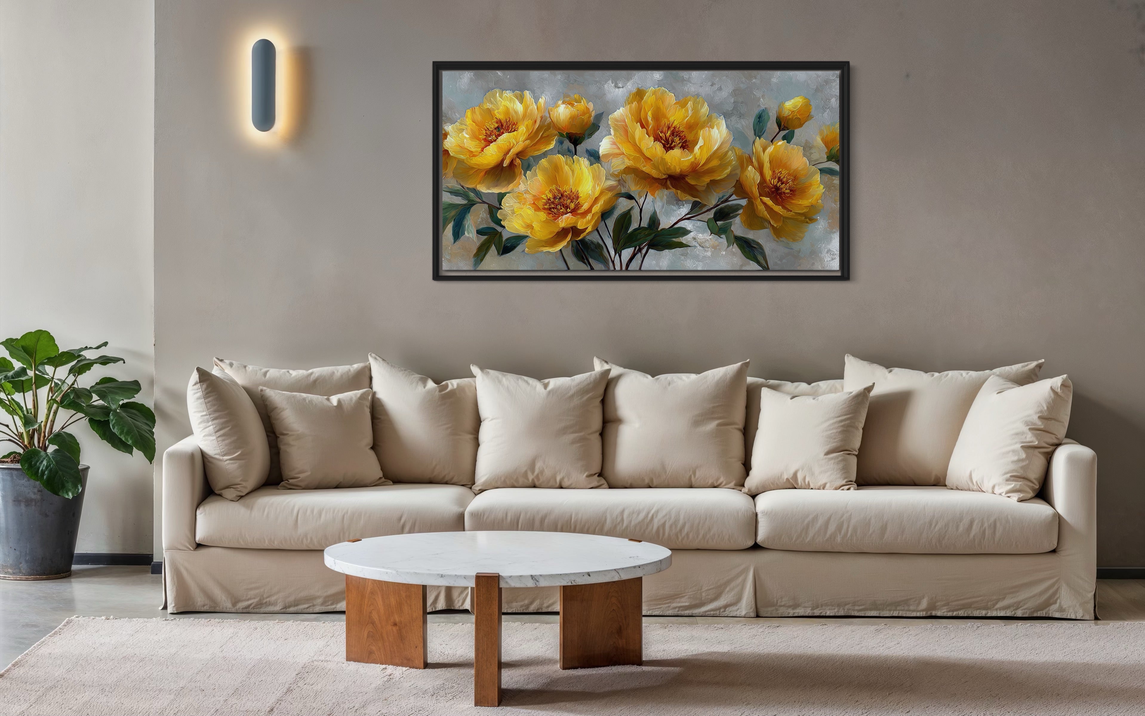Gold Abstract Flowers On Grey Background Modern Living Room Wall Art