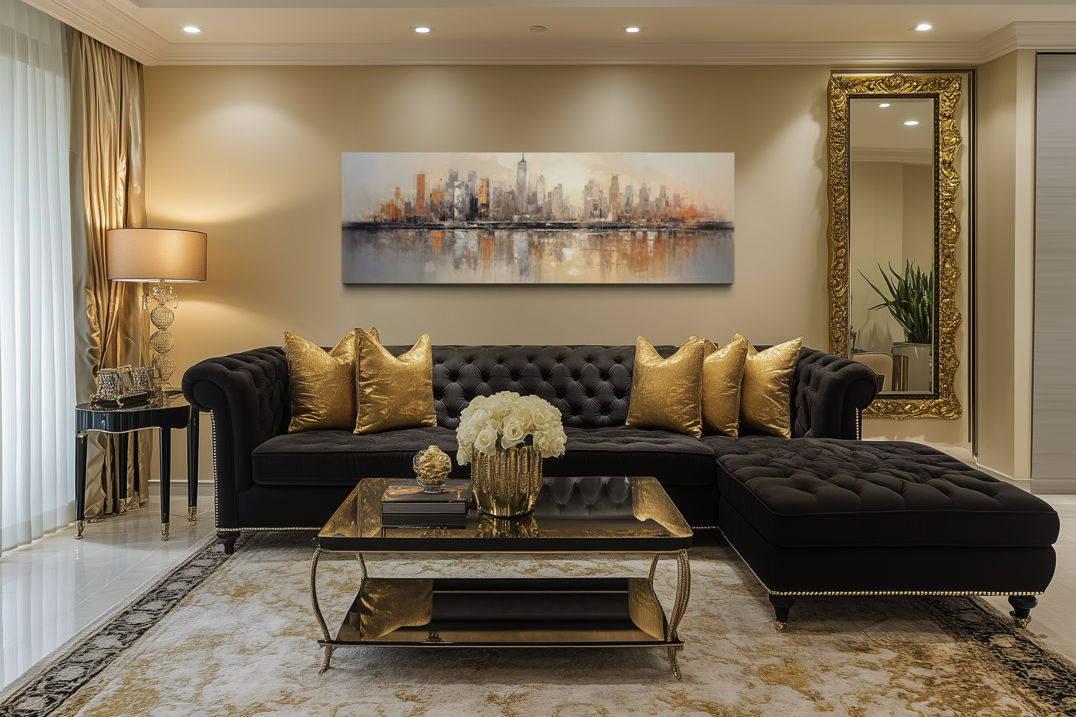 Gold And Silver Abstract New York City Skyline Horizontal Wall Art
