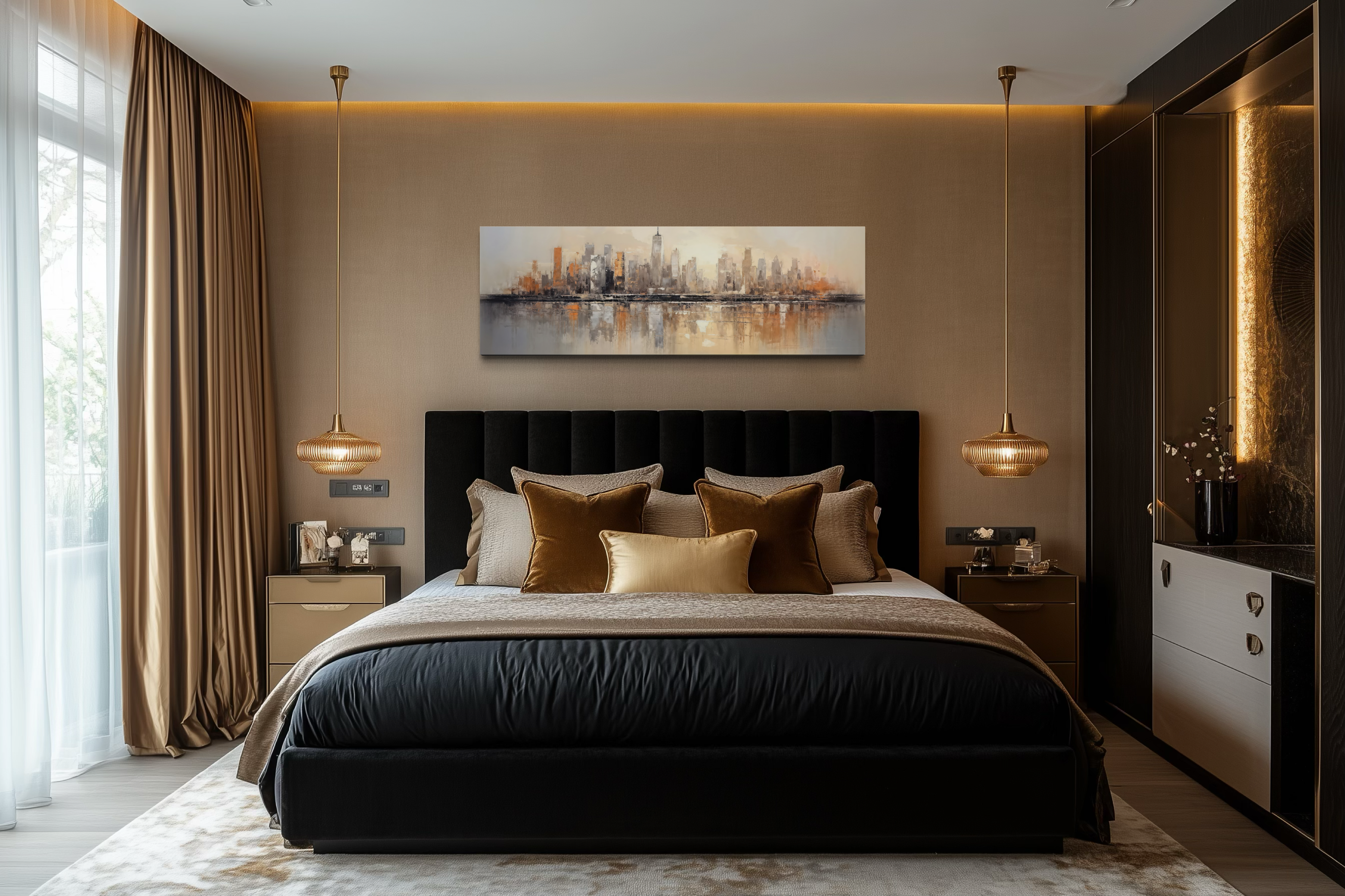 Gold And Silver Abstract New York City Skyline Horizontal Wall Art