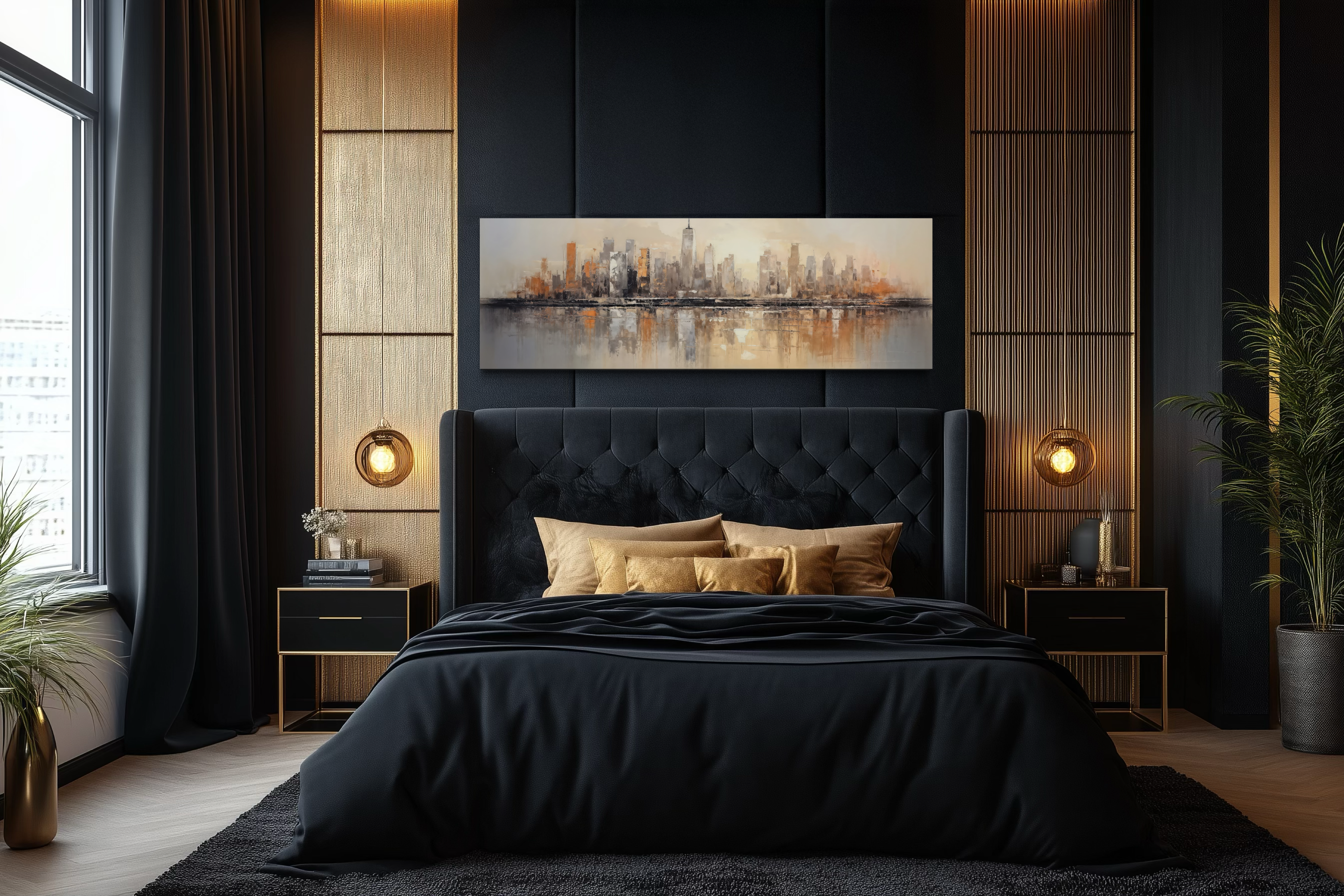 Gold And Silver Abstract New York City Skyline Horizontal Wall Art