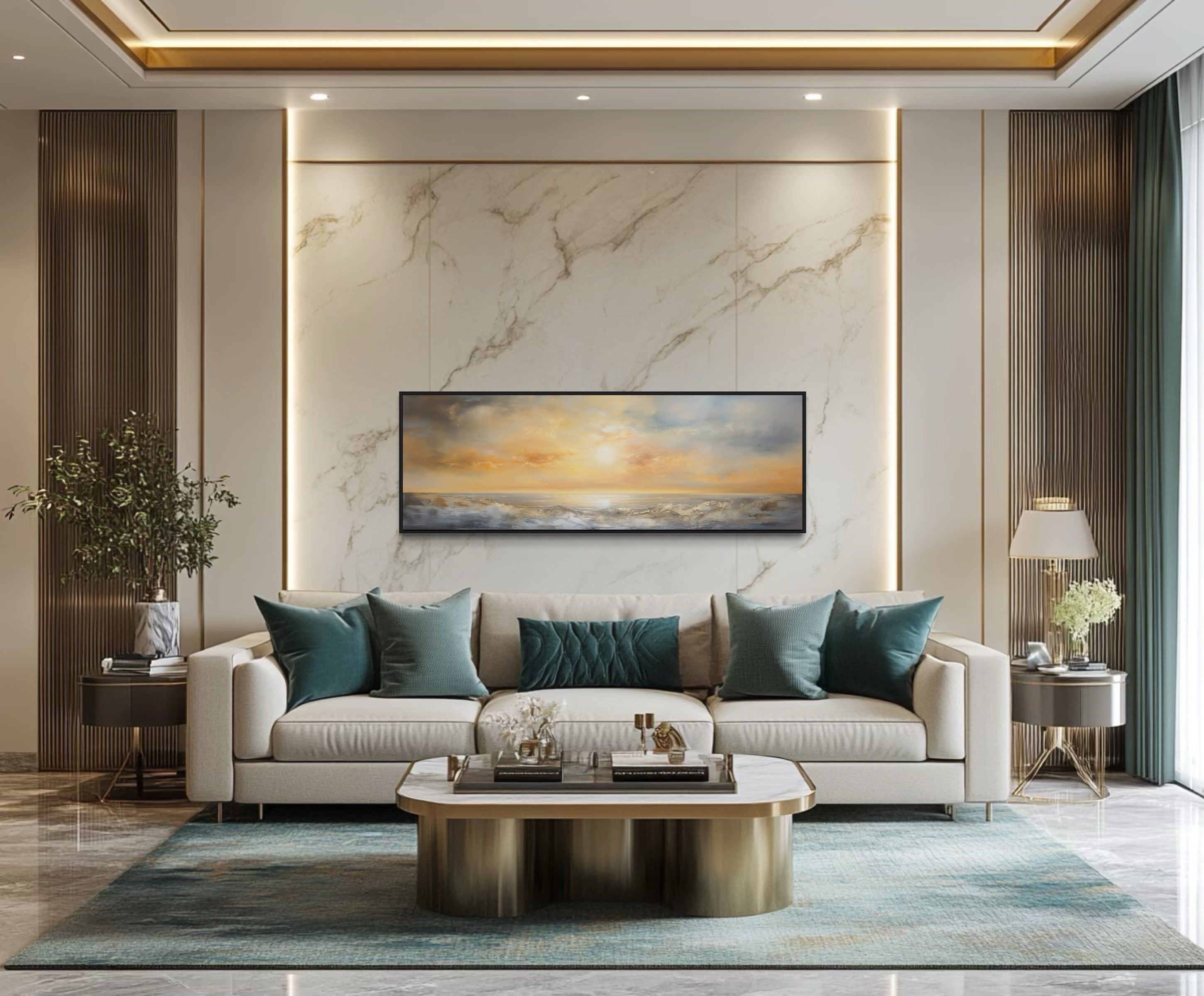 Gold And Silver Abstract Ocean Sunset Long Horizontal Over Bed Wall Art