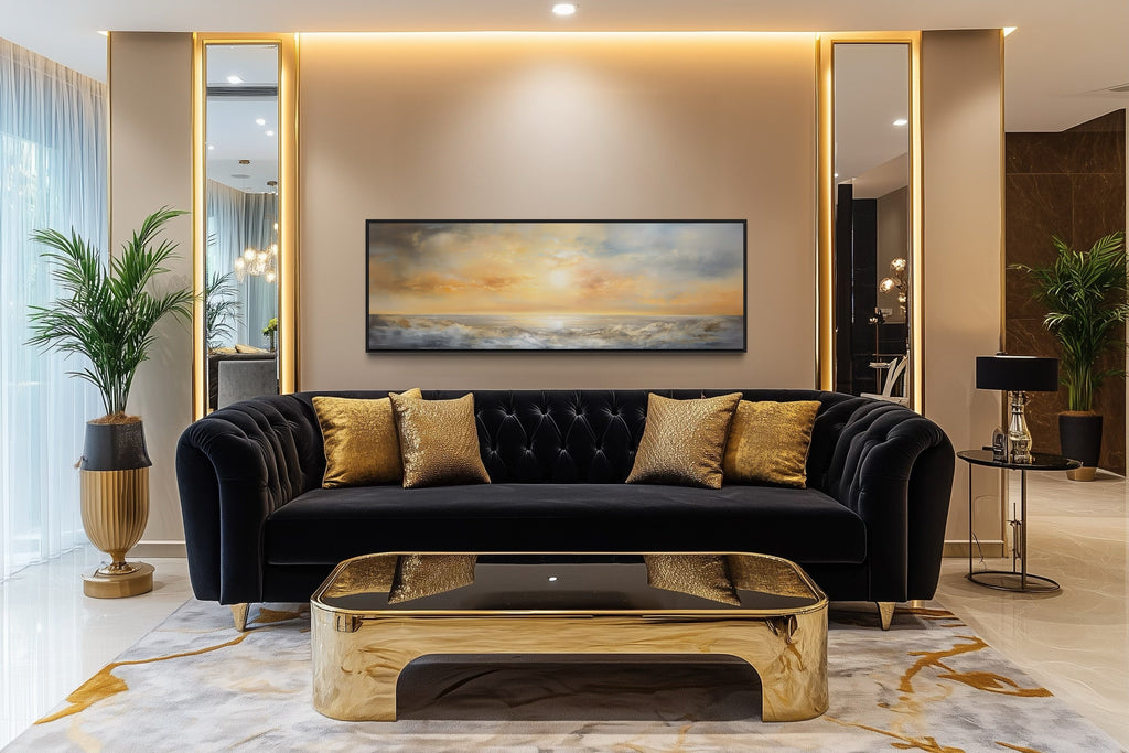 Gold And Silver Abstract Ocean Sunset Long Horizontal Over Bed Wall Art