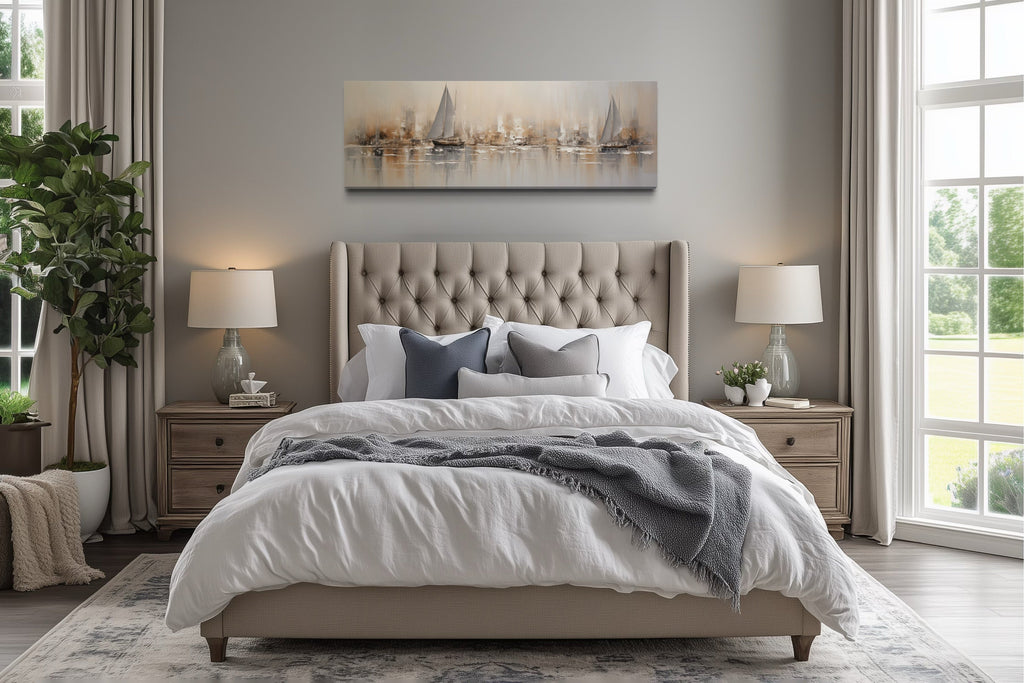 Gold And Silver Abstract Sail Boats in Ocean Long Horizontal Above Bed Coastal Wall Art