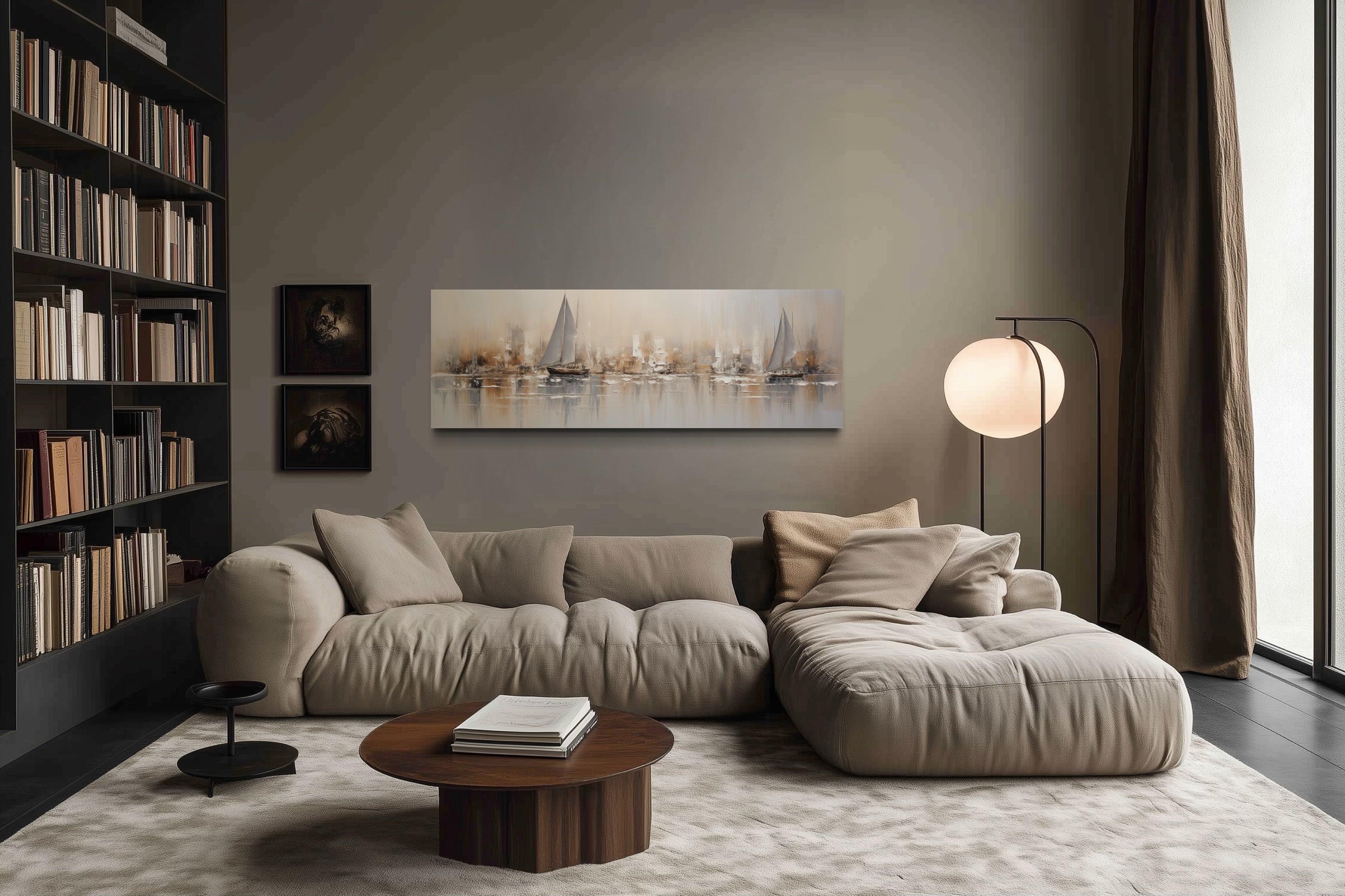 Gold And Silver Abstract Sail Boats in Ocean Long Horizontal Above Bed Coastal Wall Art