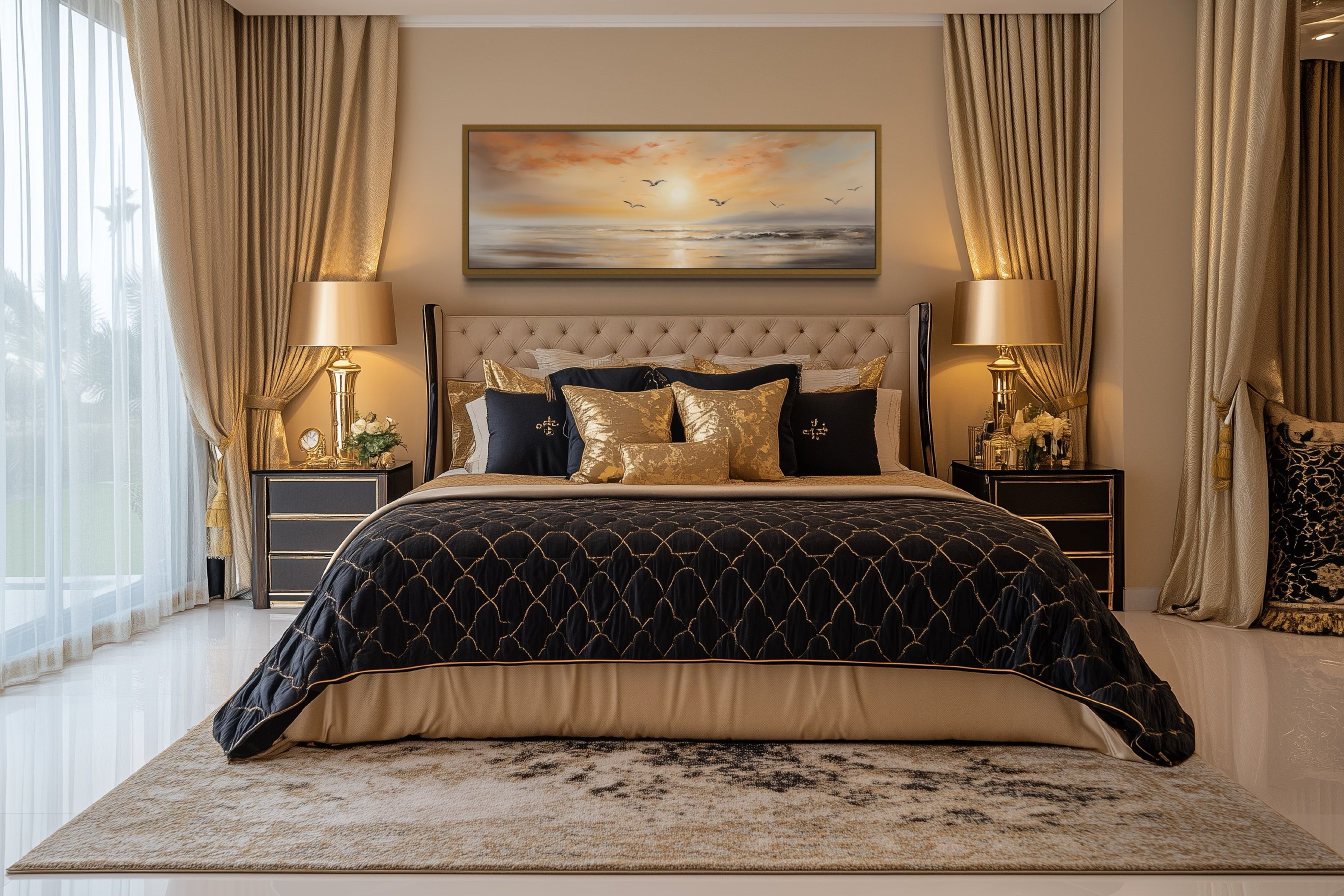 Gold And Silver Beach Sunset Seascape With Birds Narrow Horizontal Wall Art