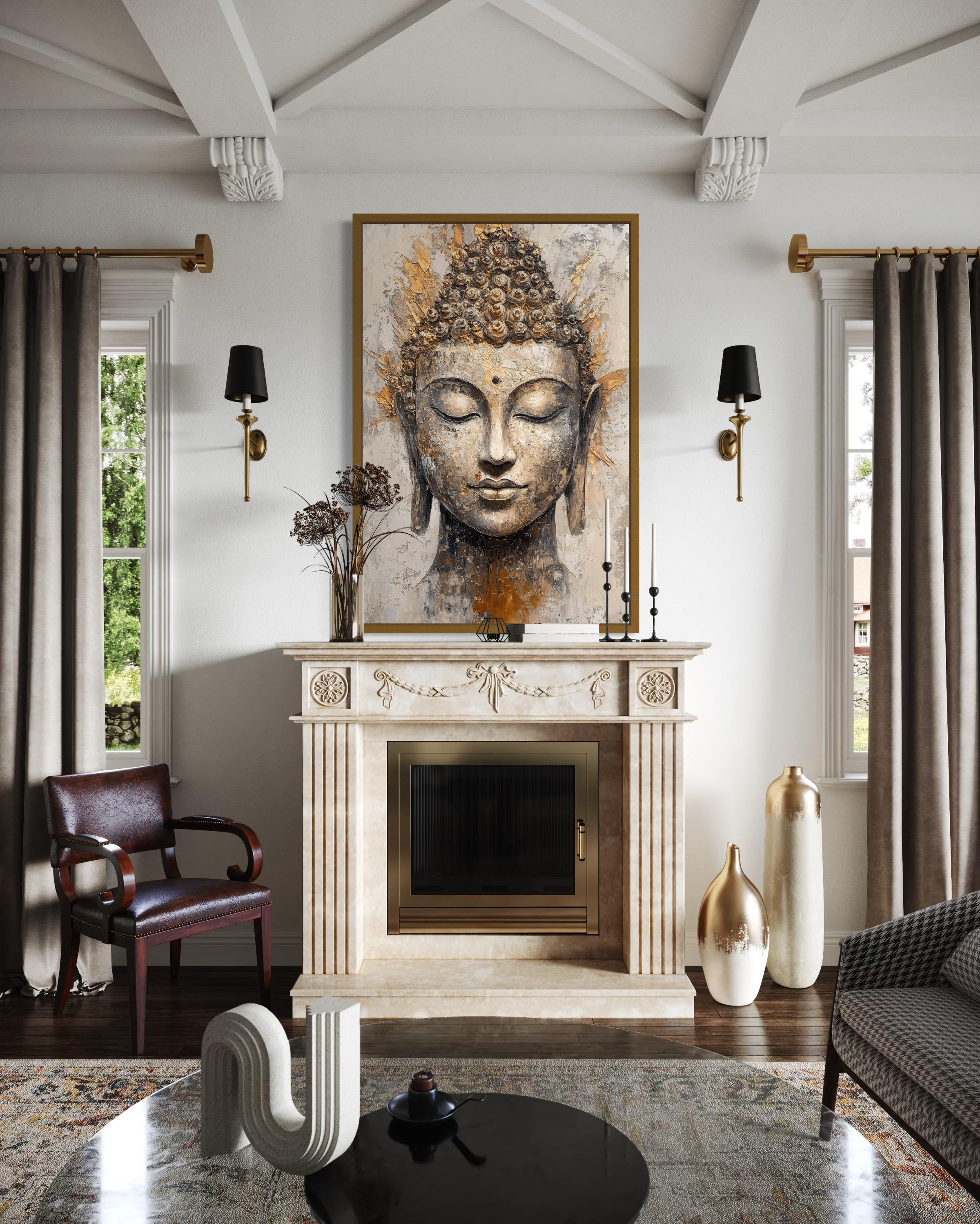 Gold And Silver Buddha Portrait Abstract Zen Wall Decor