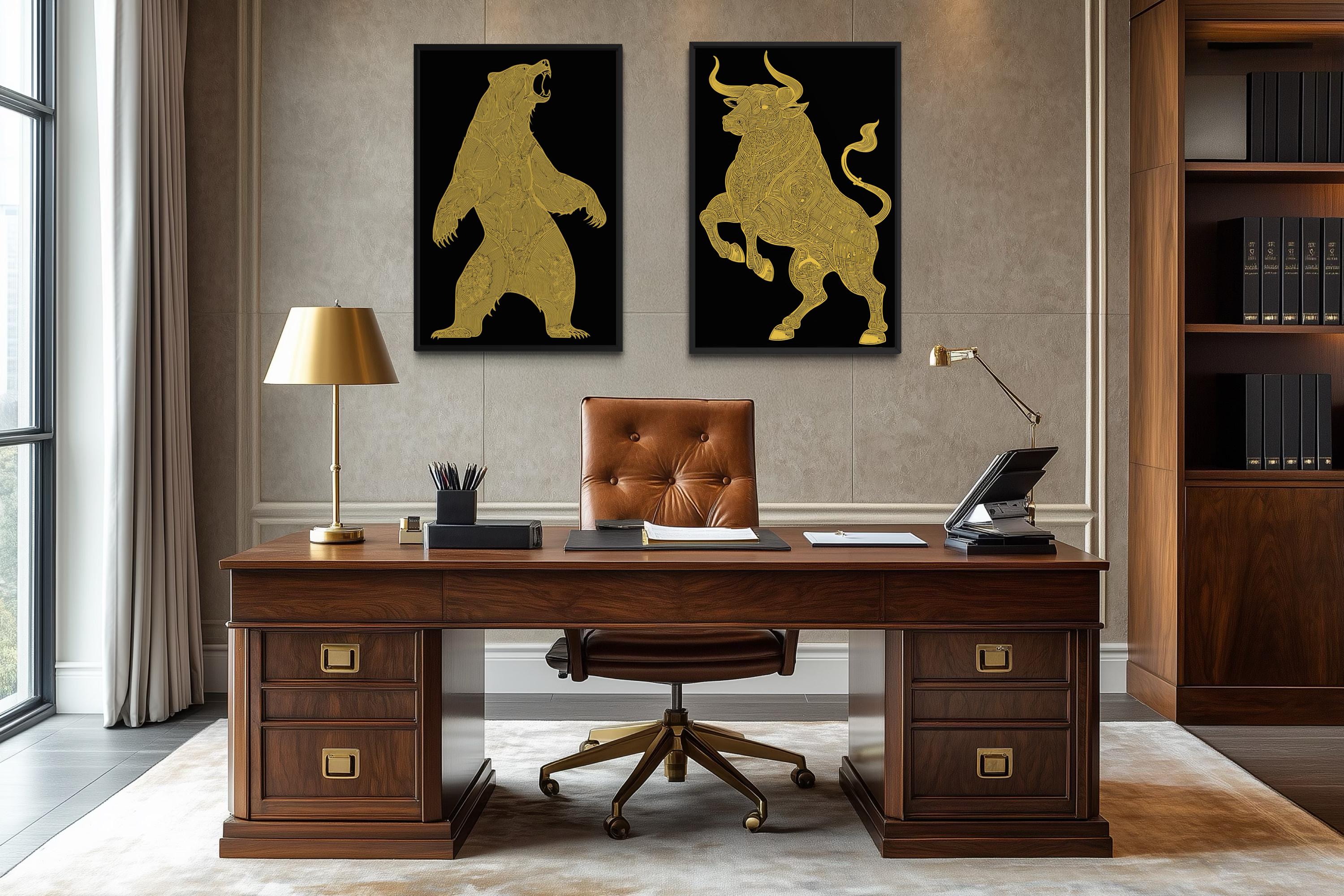 Gold Bear And Bull Wall Art Set of 2 – Black Gold Canvas Prints Set, Modern Office Decor