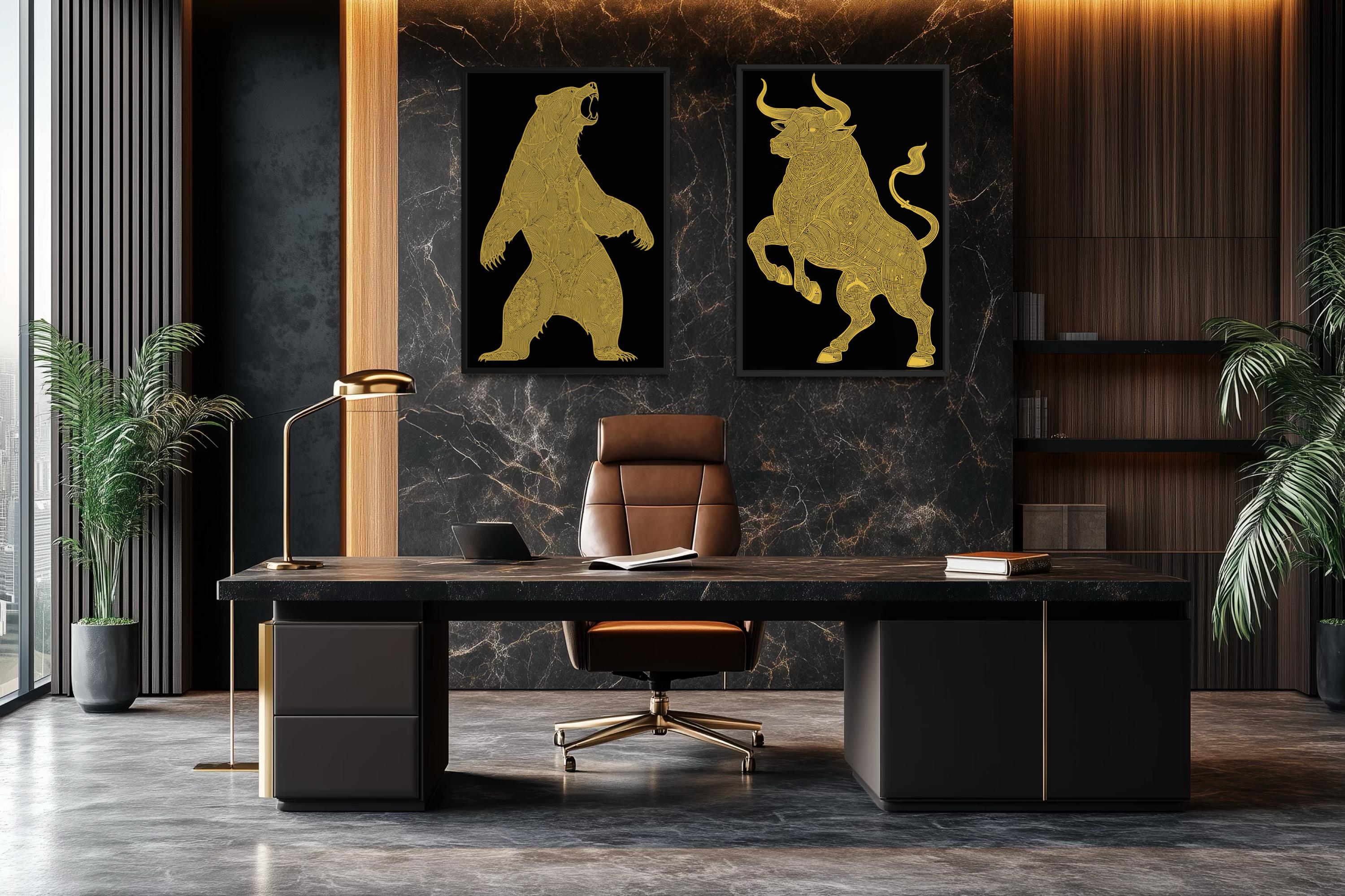Gold Bear And Bull Wall Art Set of 2 – Black Gold Canvas Prints Set, Modern Office Decor