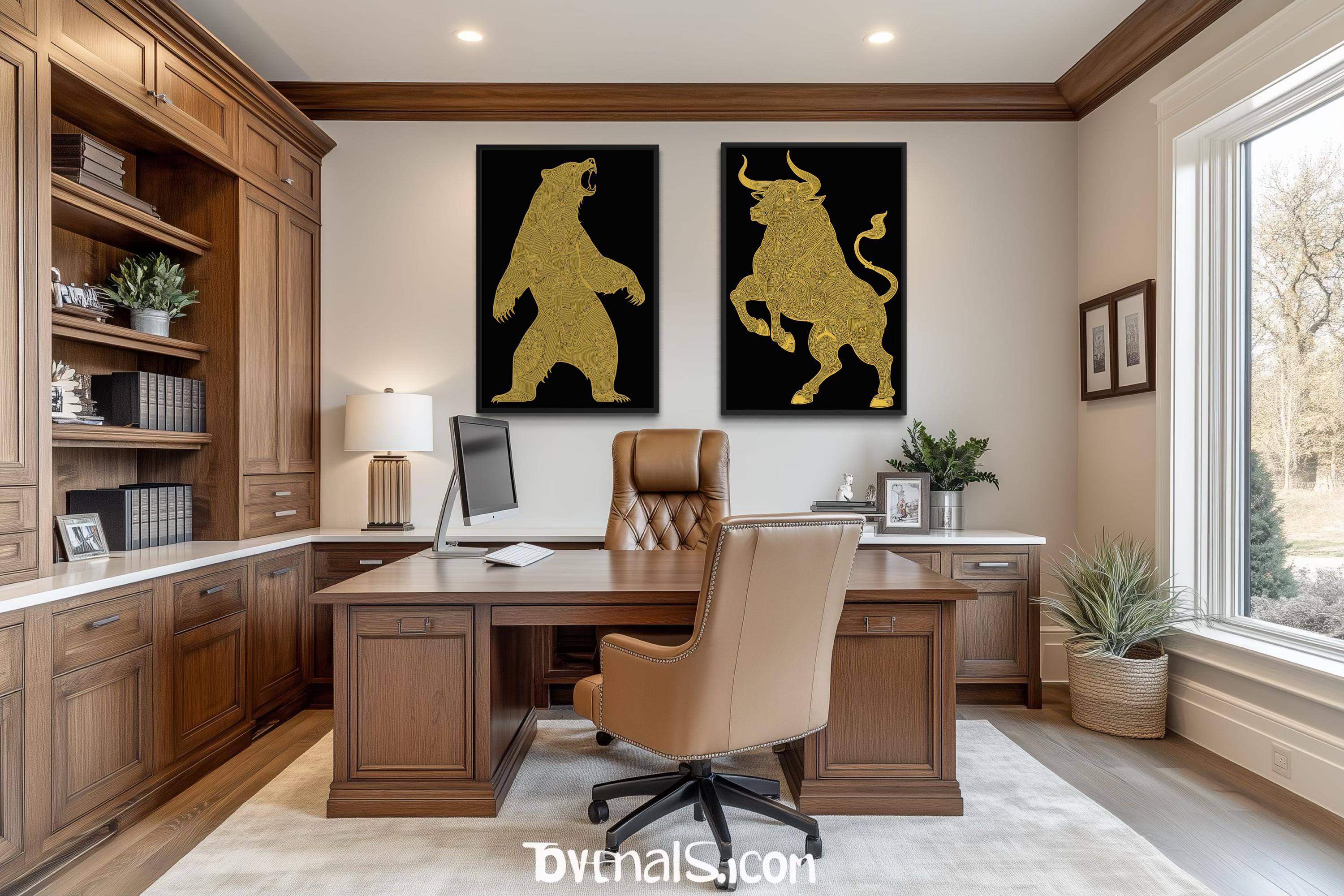 Gold Bear And Bull Wall Art Set of 2 – Black Gold Canvas Prints Set, Modern Office Decor