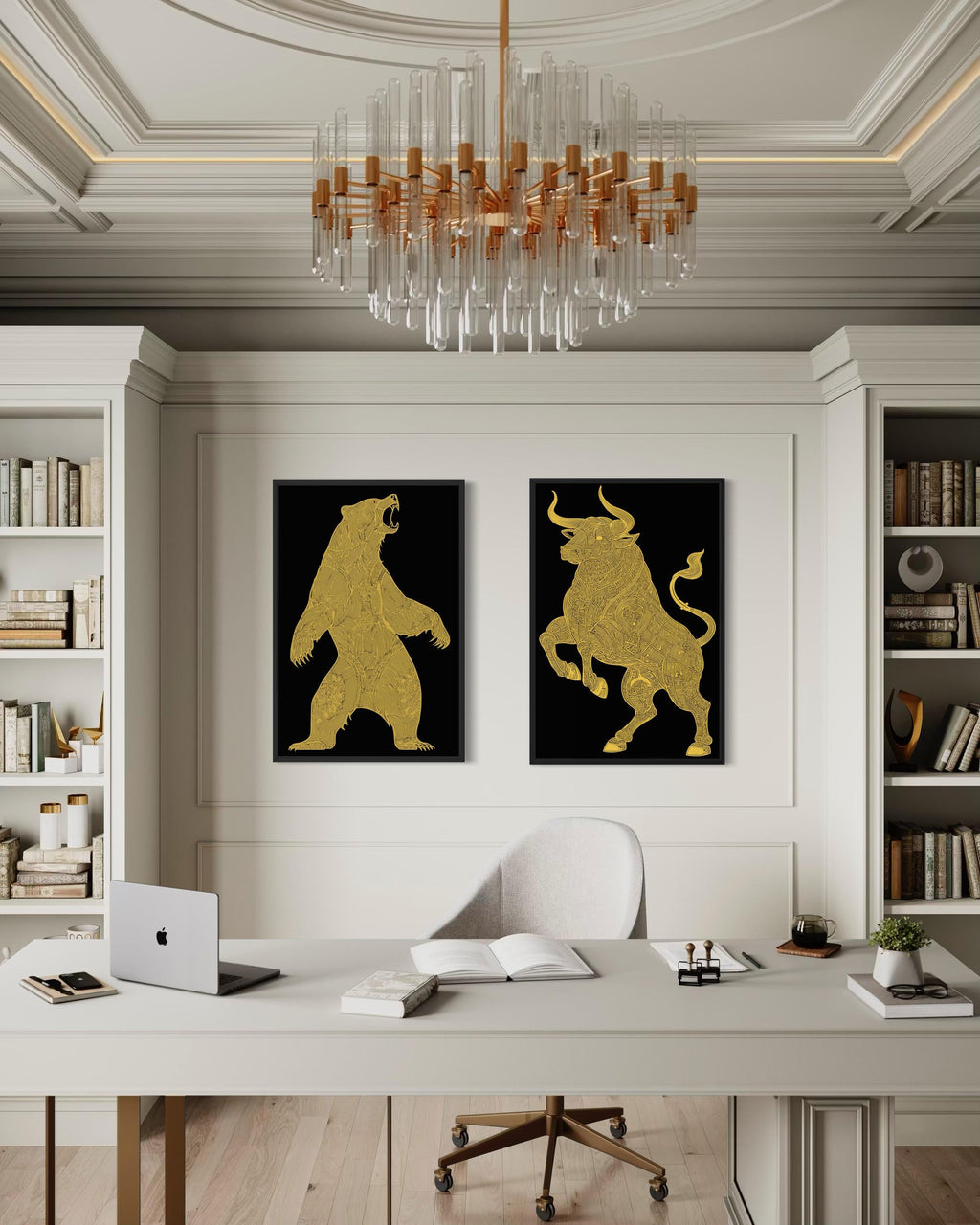 Gold Bear And Bull Wall Art Set of 2 – Black Gold Canvas Prints Set, Modern Office Decor