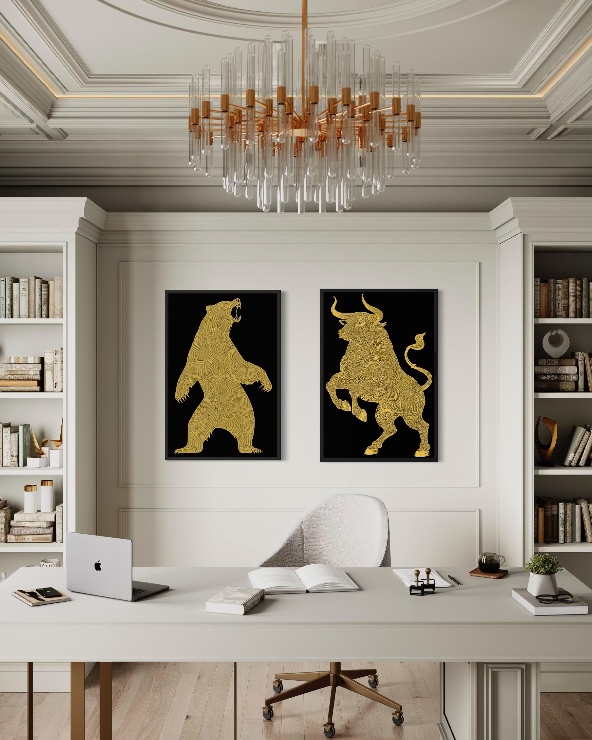 Gold Bear And Bull Wall Art Set of 2 – Black Gold Canvas Prints Set, Modern Office Decor