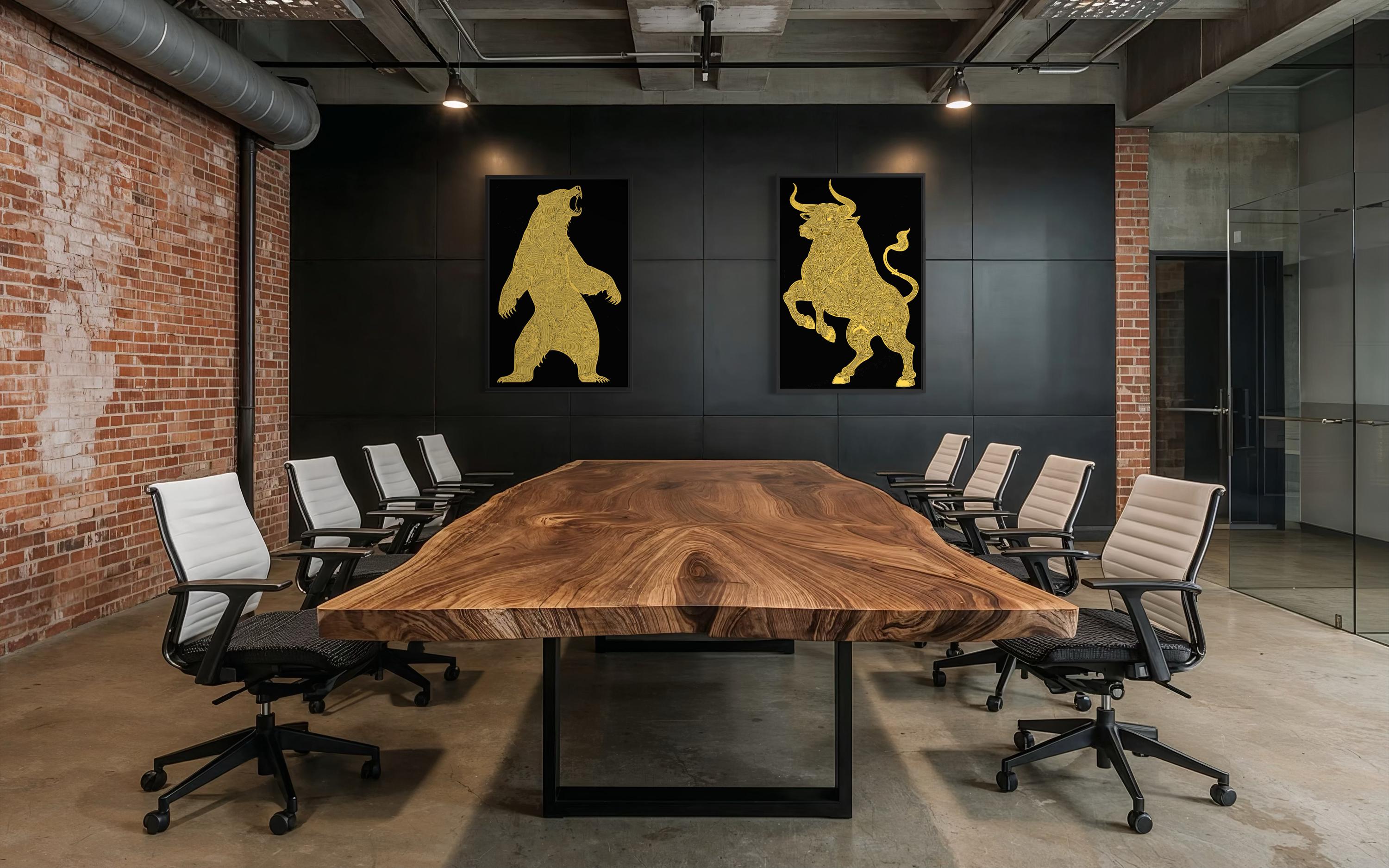 Gold Bear And Bull Wall Art Set of 2 – Black Gold Canvas Prints Set, Modern Office Decor