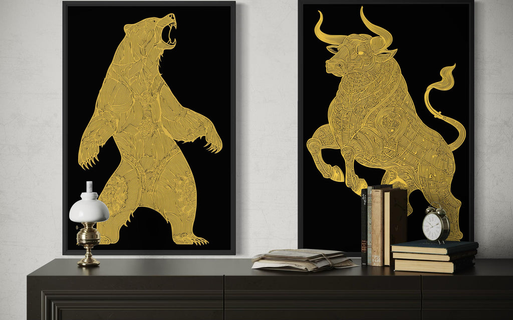 Gold Bear And Bull Wall Art Set of 2 – Black Gold Canvas Prints Set, Modern Office Decor