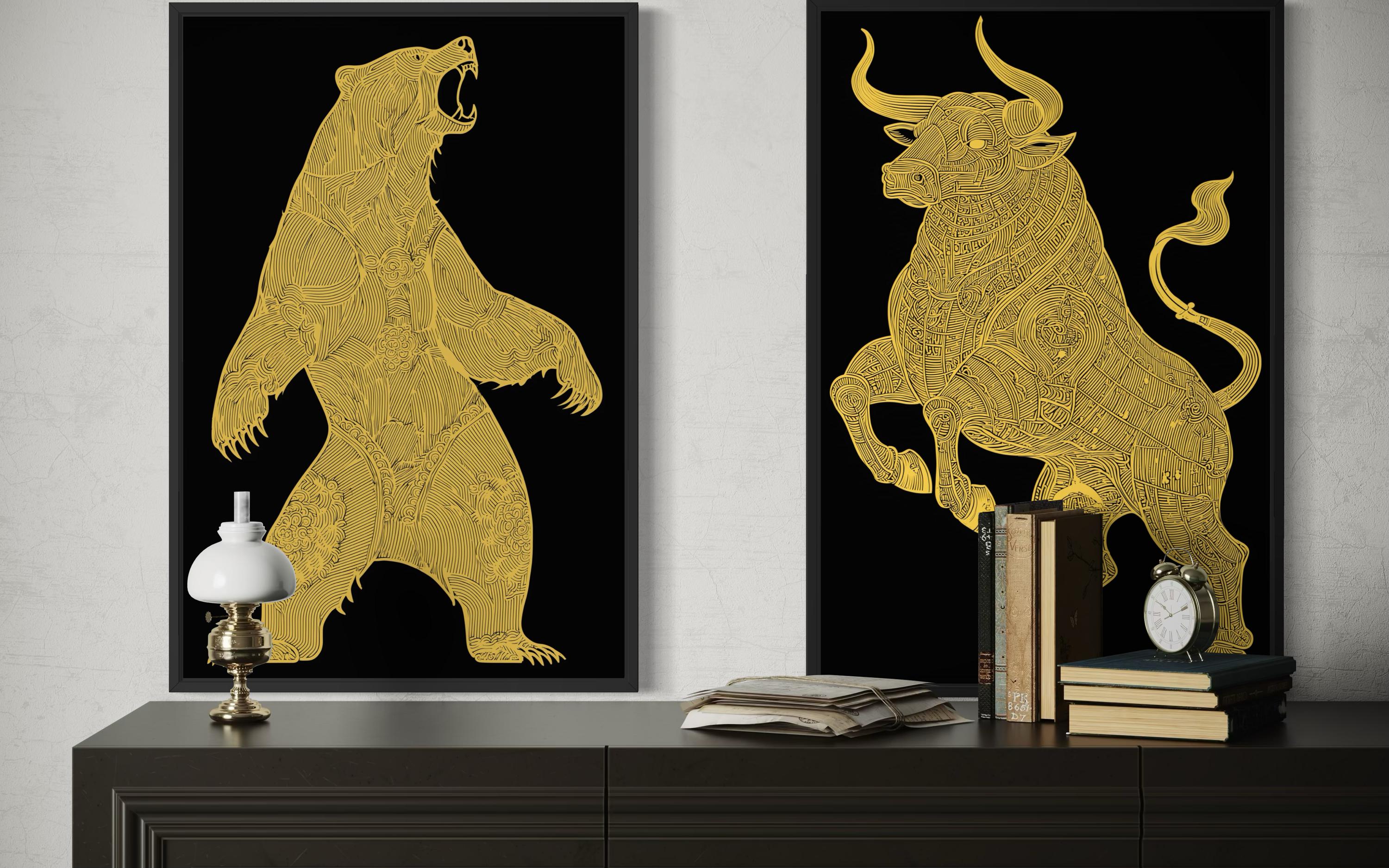 Gold Bear And Bull Wall Art Set of 2 – Black Gold Canvas Prints Set, Modern Office Decor