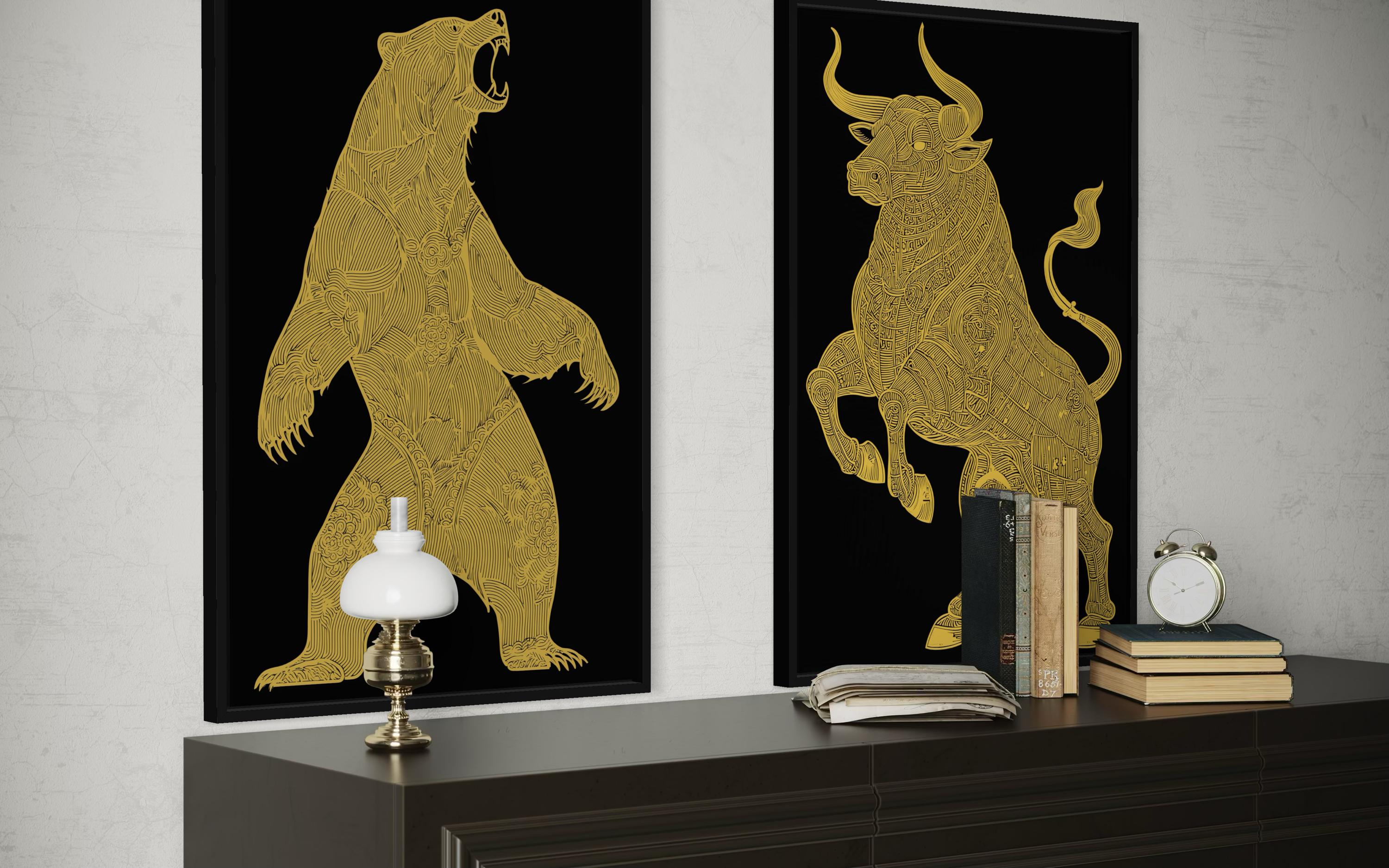 Gold Bear And Bull Wall Art Set of 2 – Black Gold Canvas Prints Set, Modern Office Decor