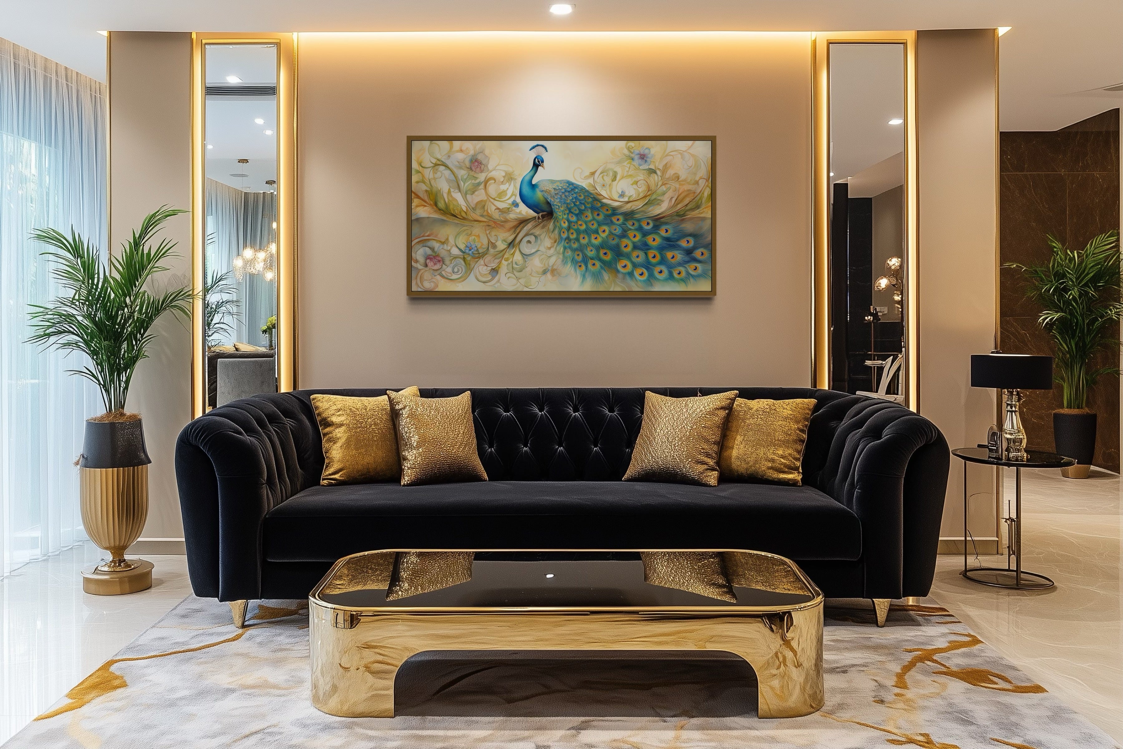 Gold Green Peacock Framed Canvas Wall Art