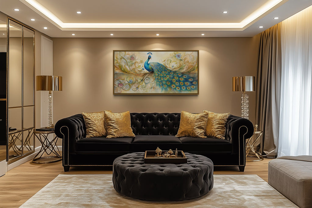 Gold Green Peacock Framed Canvas Wall Art