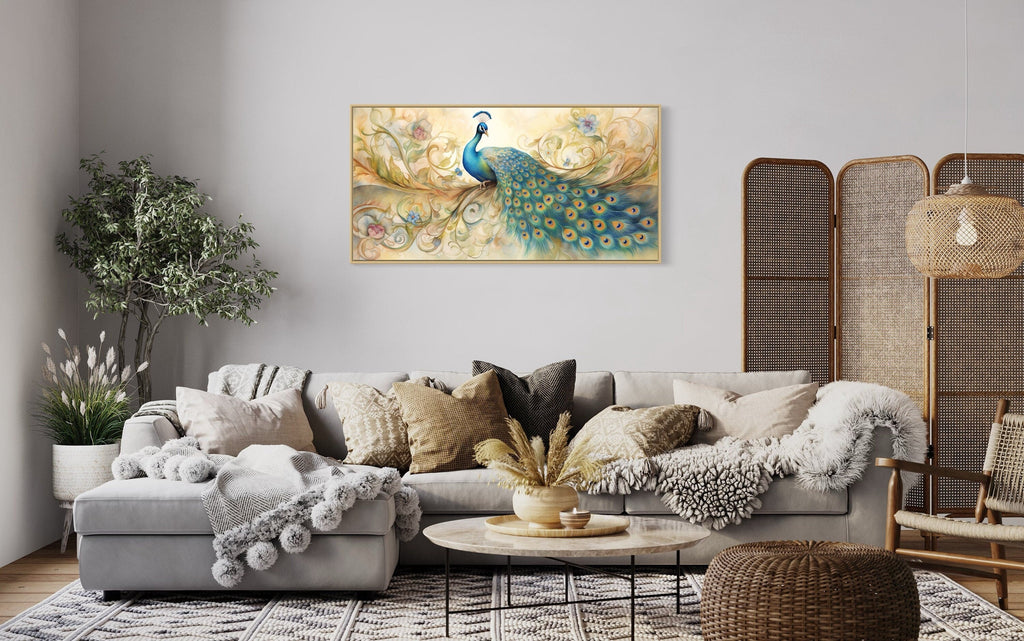 Gold Green Peacock Framed Canvas Wall Art