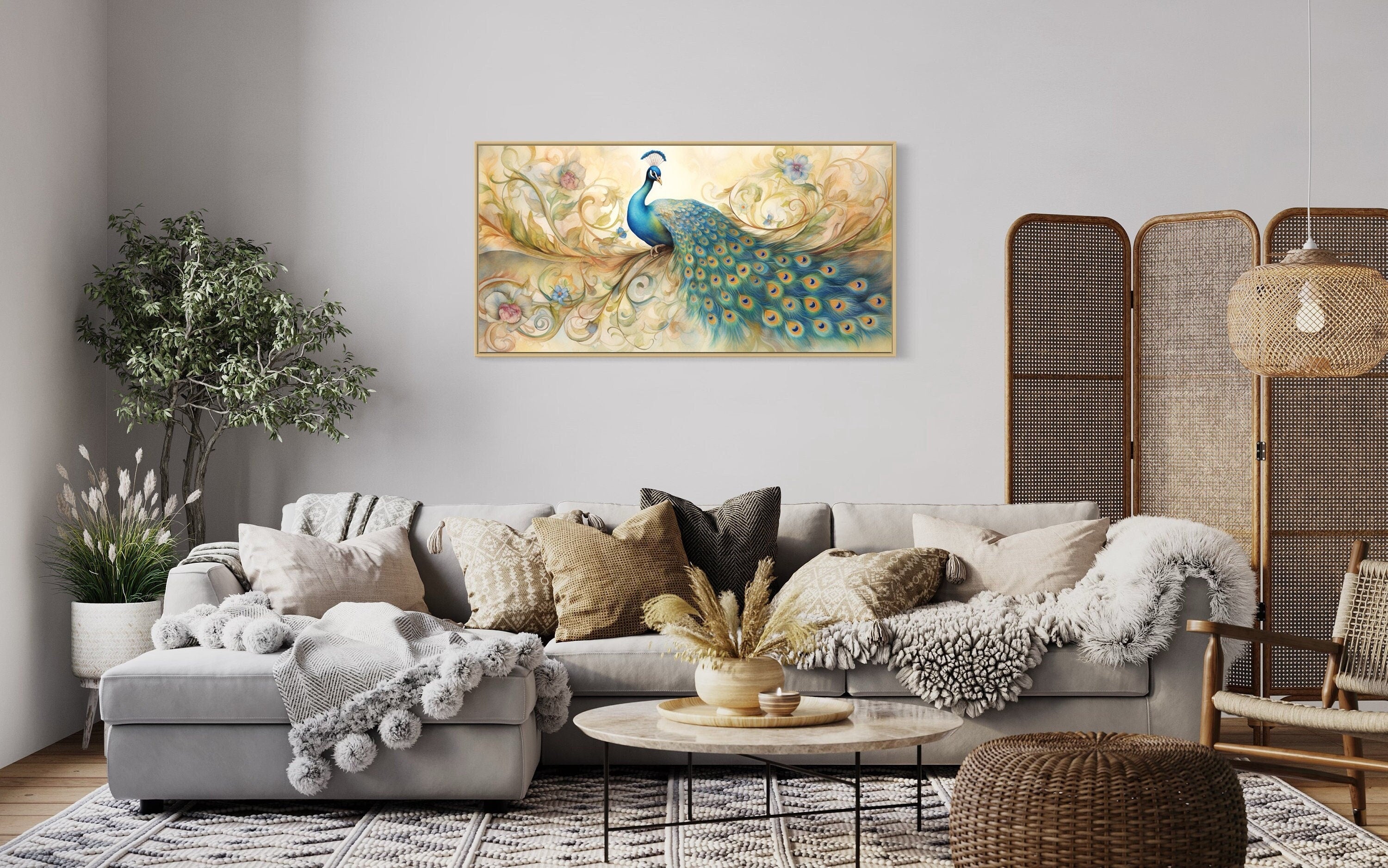 Gold Green Peacock Framed Canvas Wall Art