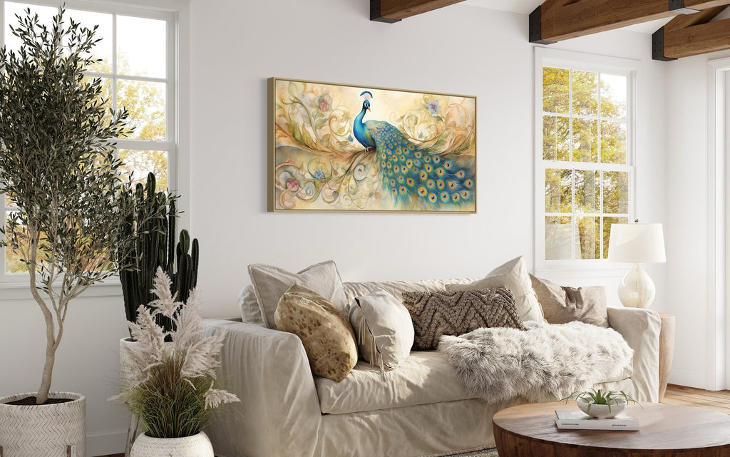 Gold Green Peacock Framed Canvas Wall Art