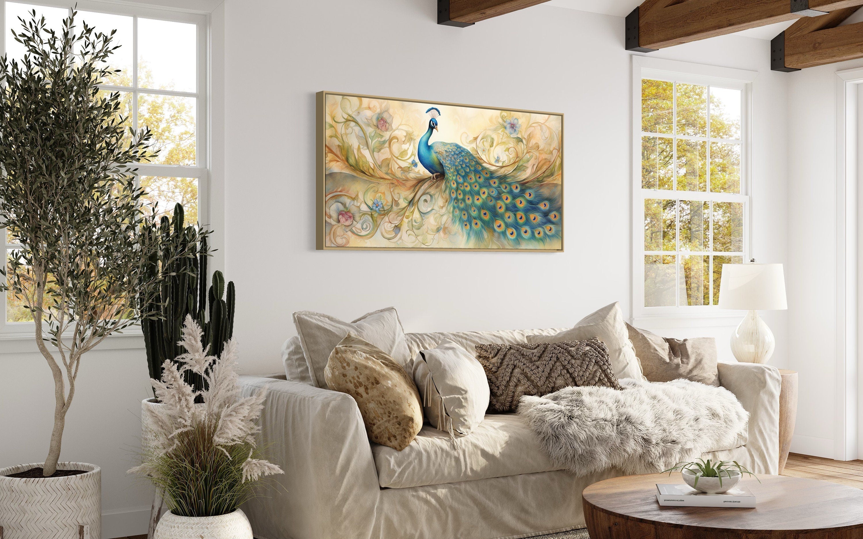 Gold Green Peacock Framed Canvas Wall Art