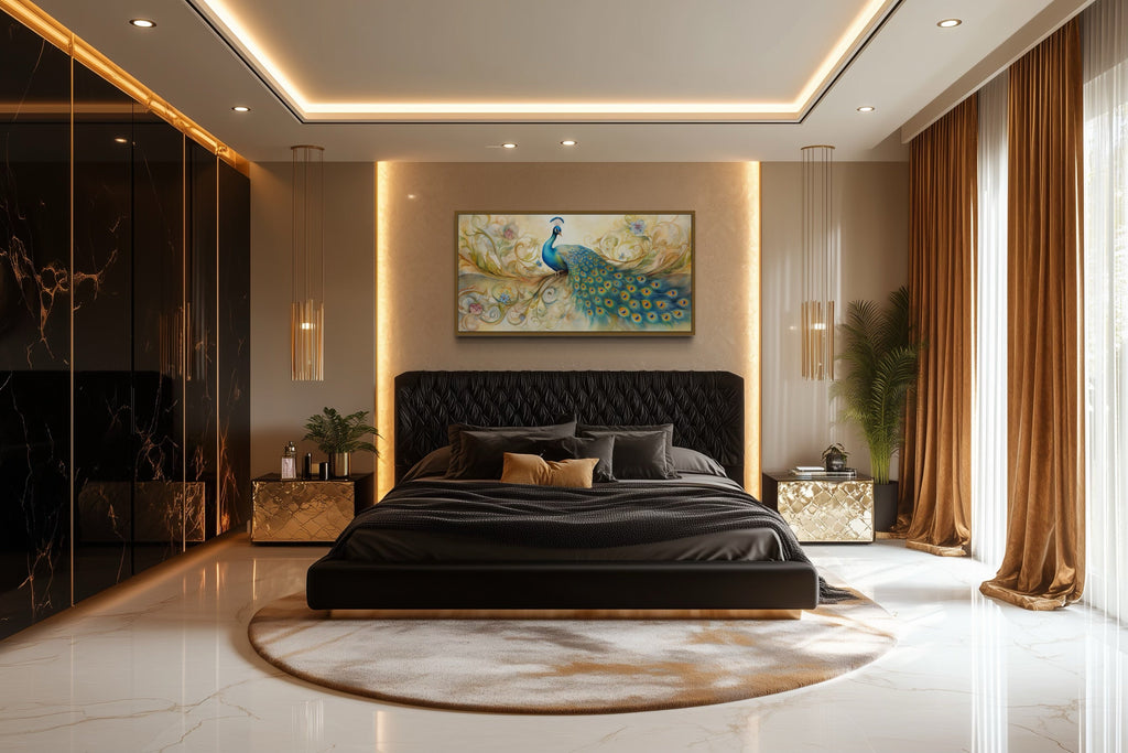 Gold Green Peacock Framed Canvas Wall Art