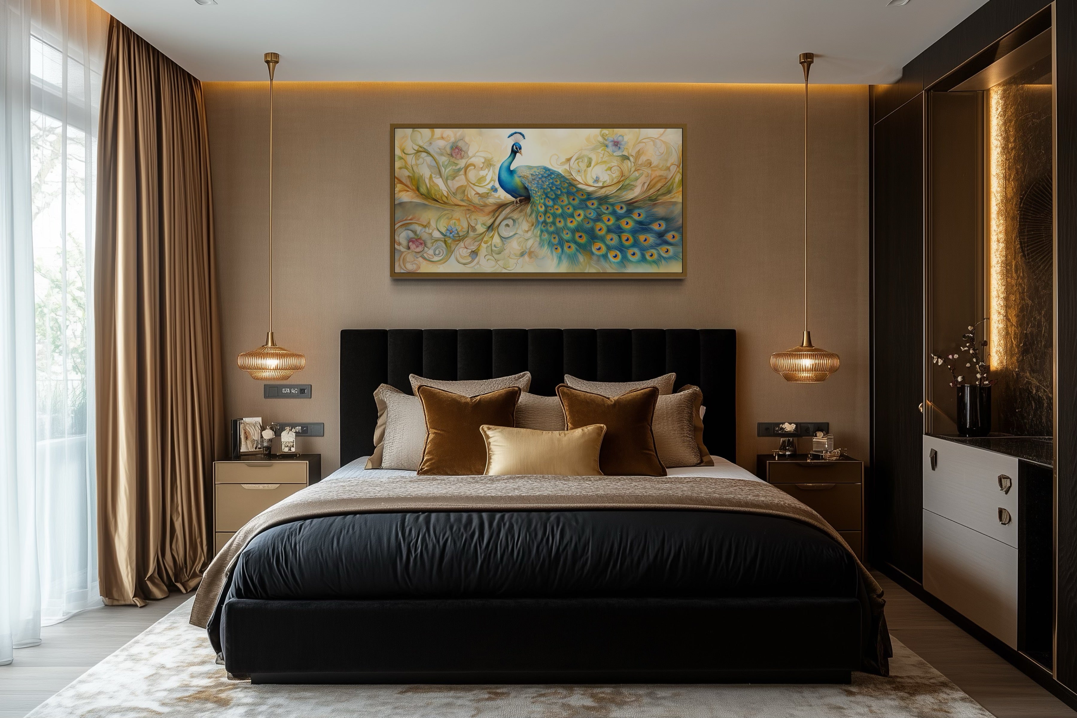 Gold Green Peacock Framed Canvas Wall Art
