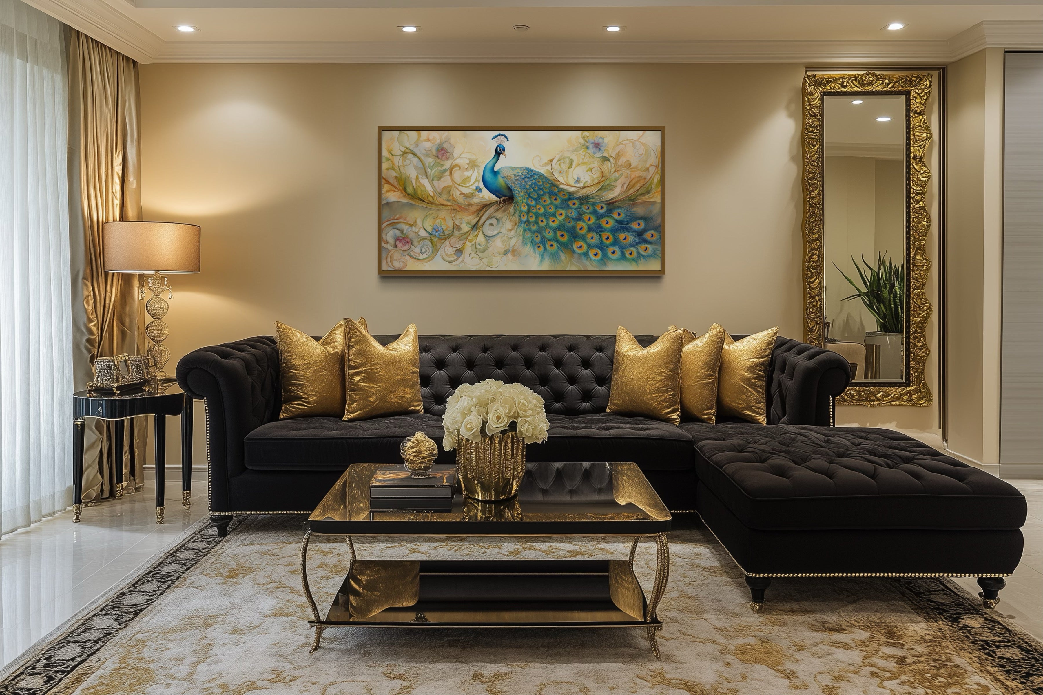 Gold Green Peacock Framed Canvas Wall Art