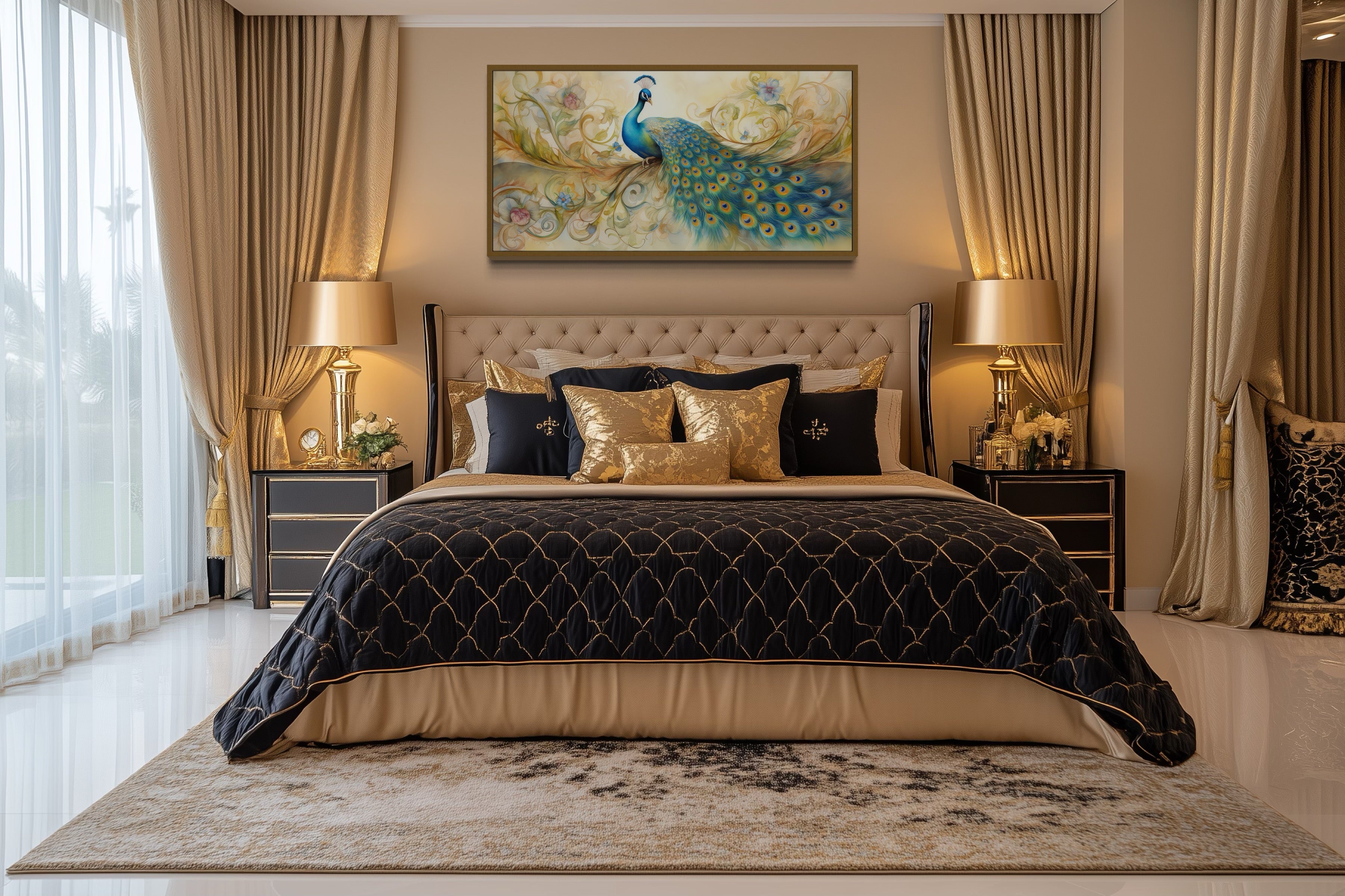 Gold Green Peacock Framed Canvas Wall Art