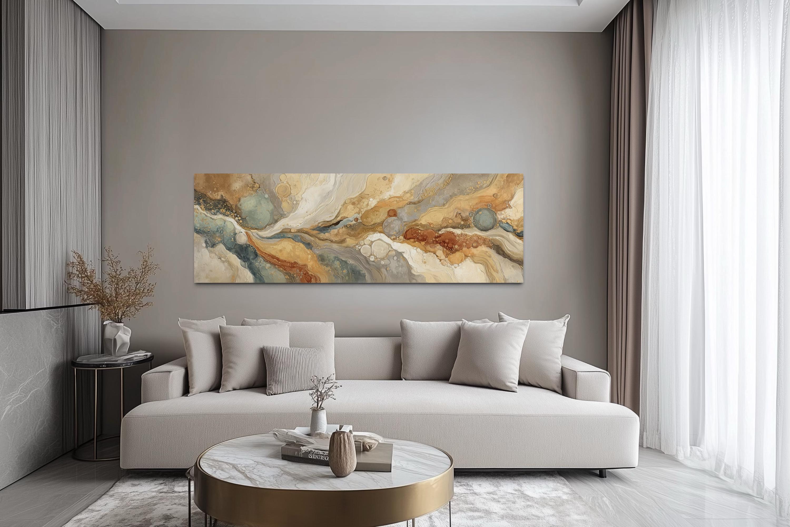 Gold Grey Abstract Long Horizontal Marble Canvas Wall Art