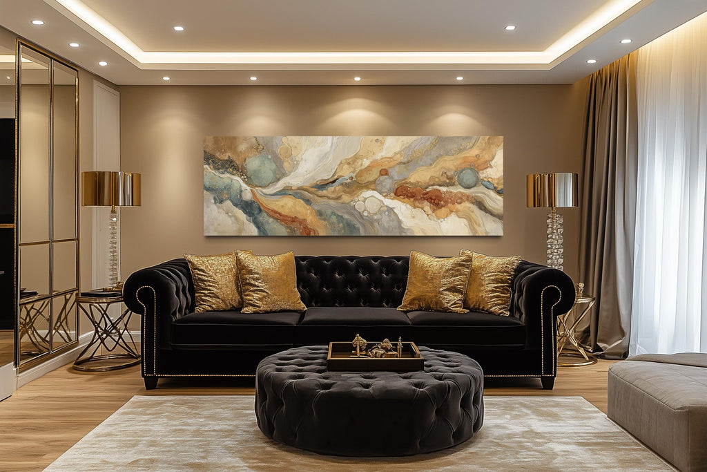 Gold Grey Abstract Long Horizontal Marble Canvas Wall Art