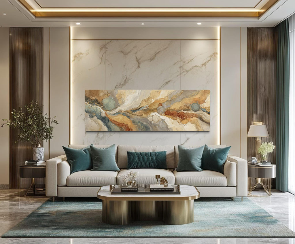 Gold Grey Abstract Long Horizontal Marble Canvas Wall Art