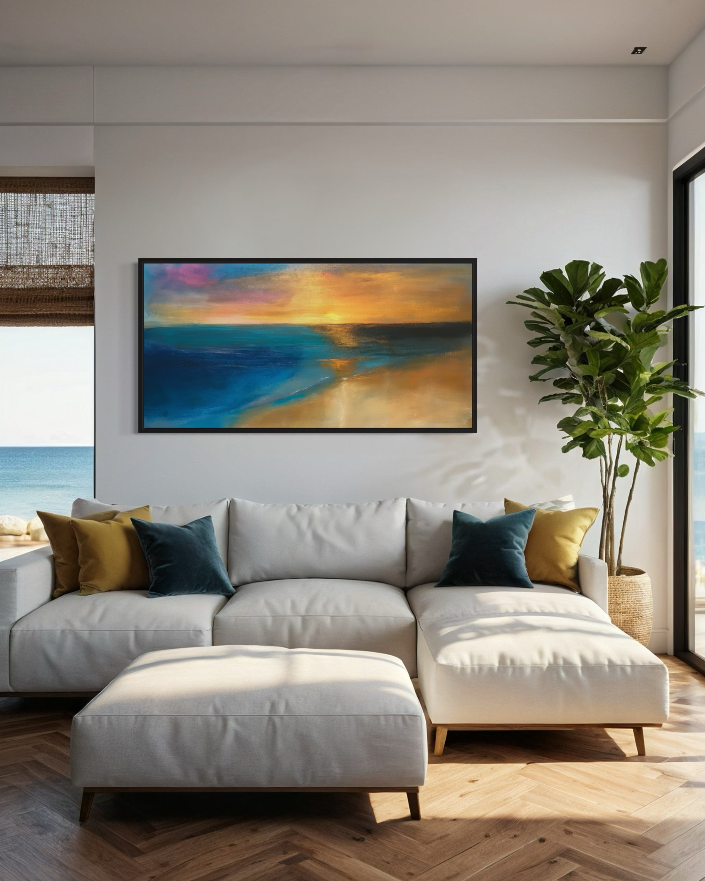 Gold Navy Blue Abstract Ocean Sunset Nautical Room Framed Canvas Wall Art