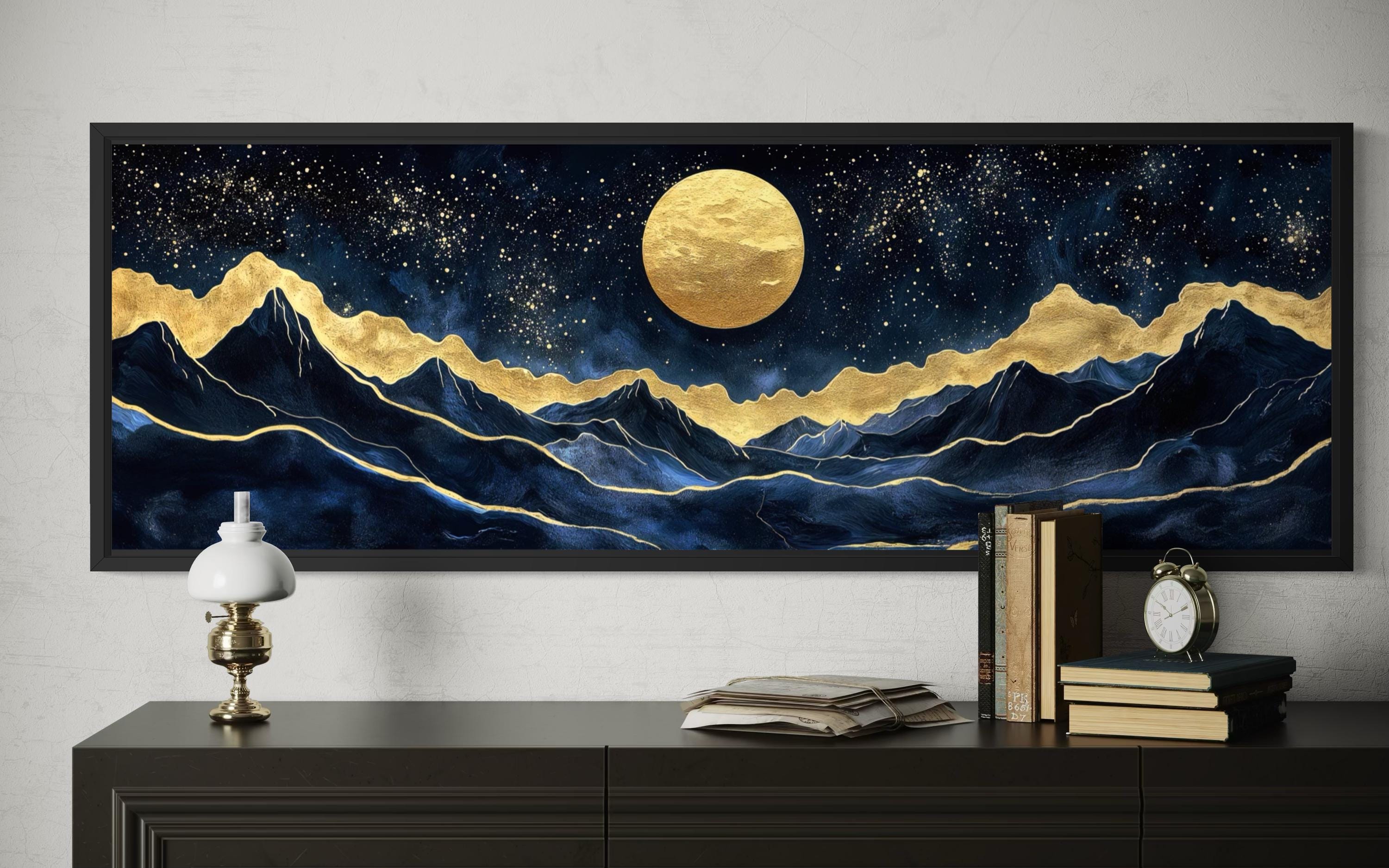 Gold Navy Wall Art | Moon Mountain Landscape Canvas Print - Luxury Celestial Decor