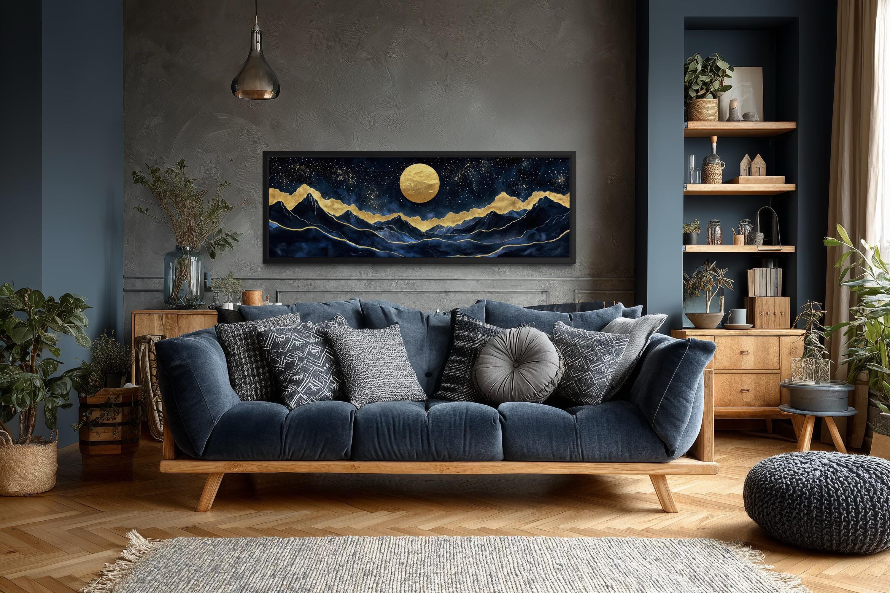 Gold Navy Wall Art | Moon Mountain Landscape Canvas Print - Luxury Celestial Decor