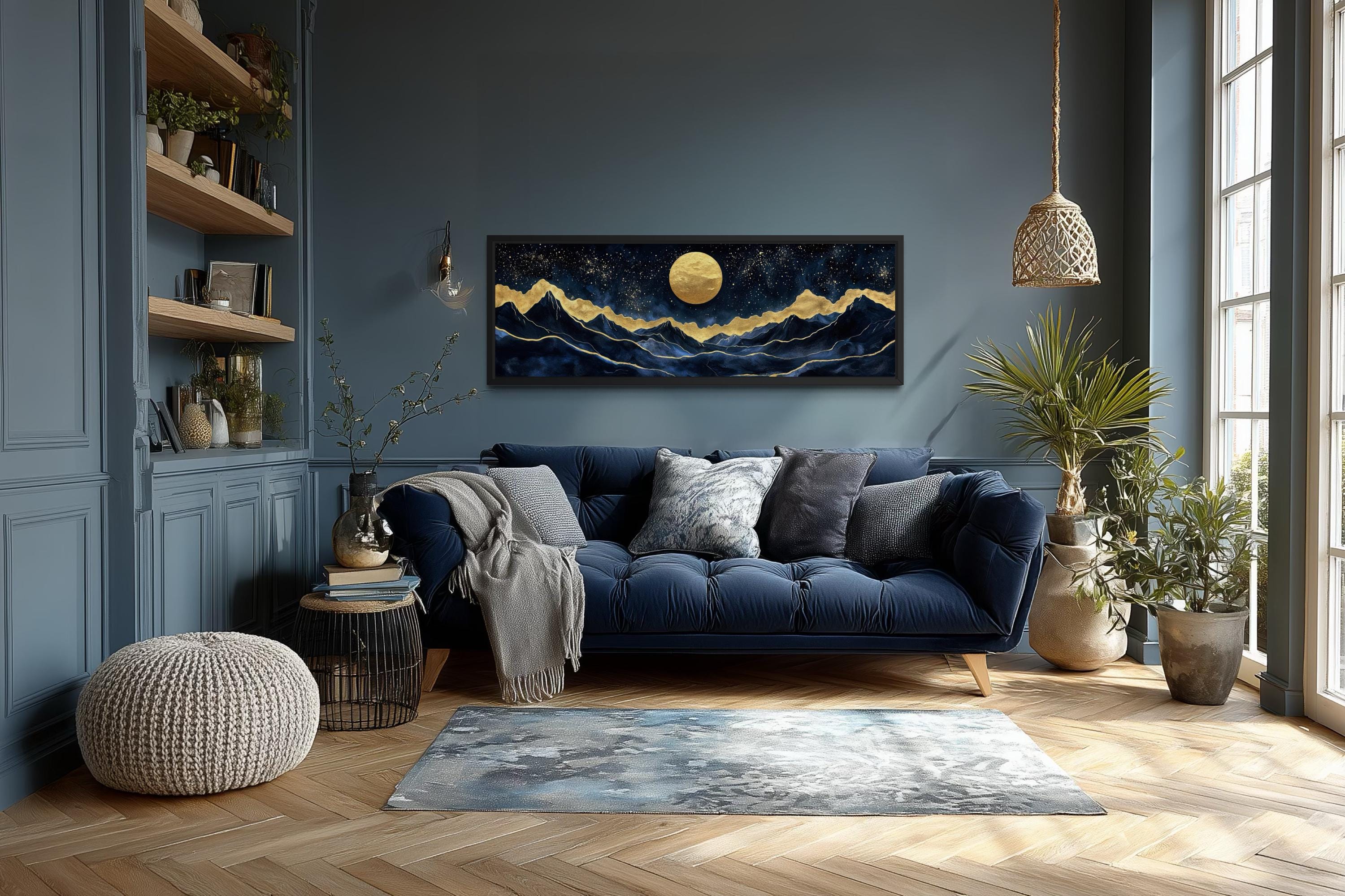 Gold Navy Wall Art | Moon Mountain Landscape Canvas Print - Luxury Celestial Decor
