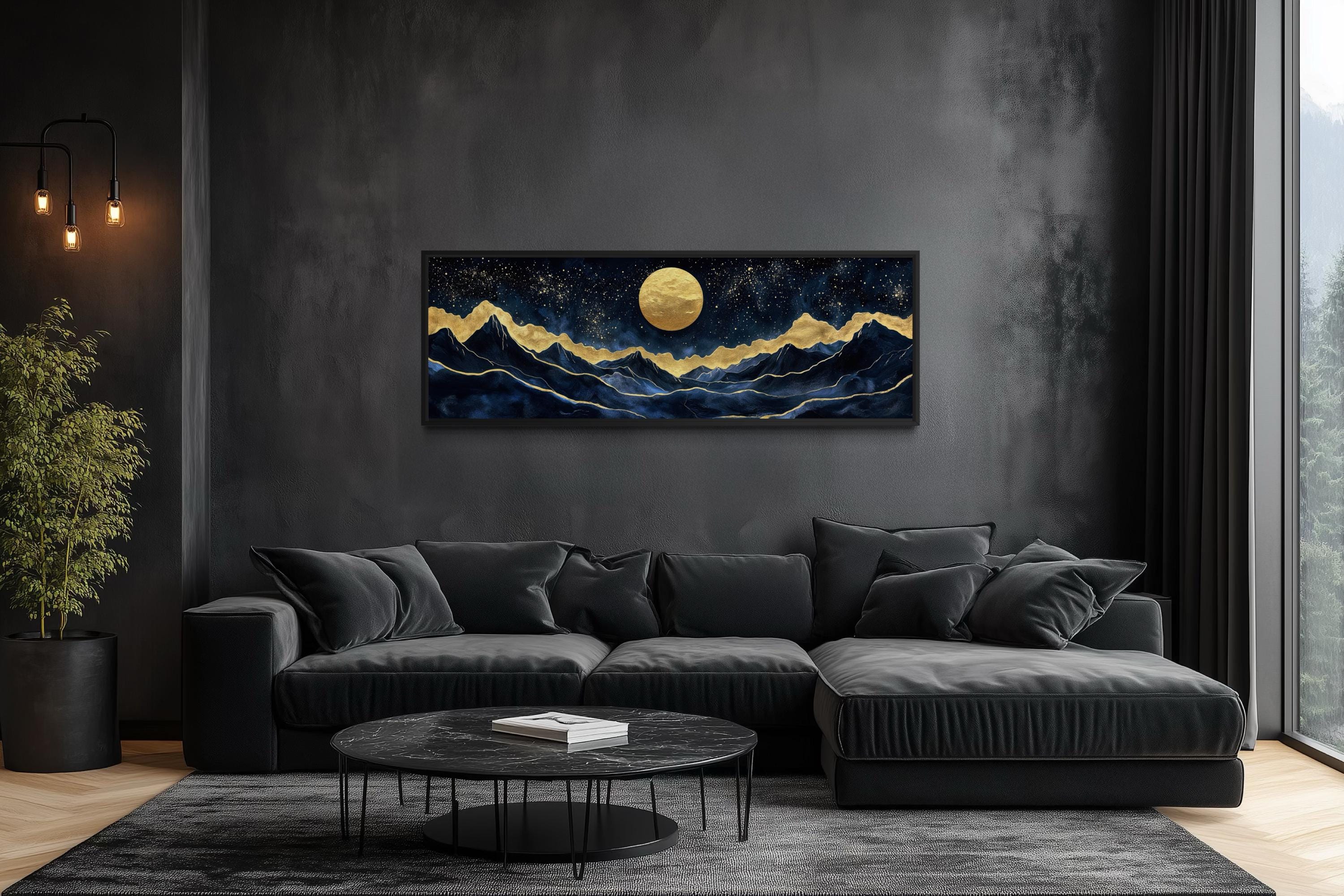 Gold Navy Wall Art | Moon Mountain Landscape Canvas Print - Luxury Celestial Decor