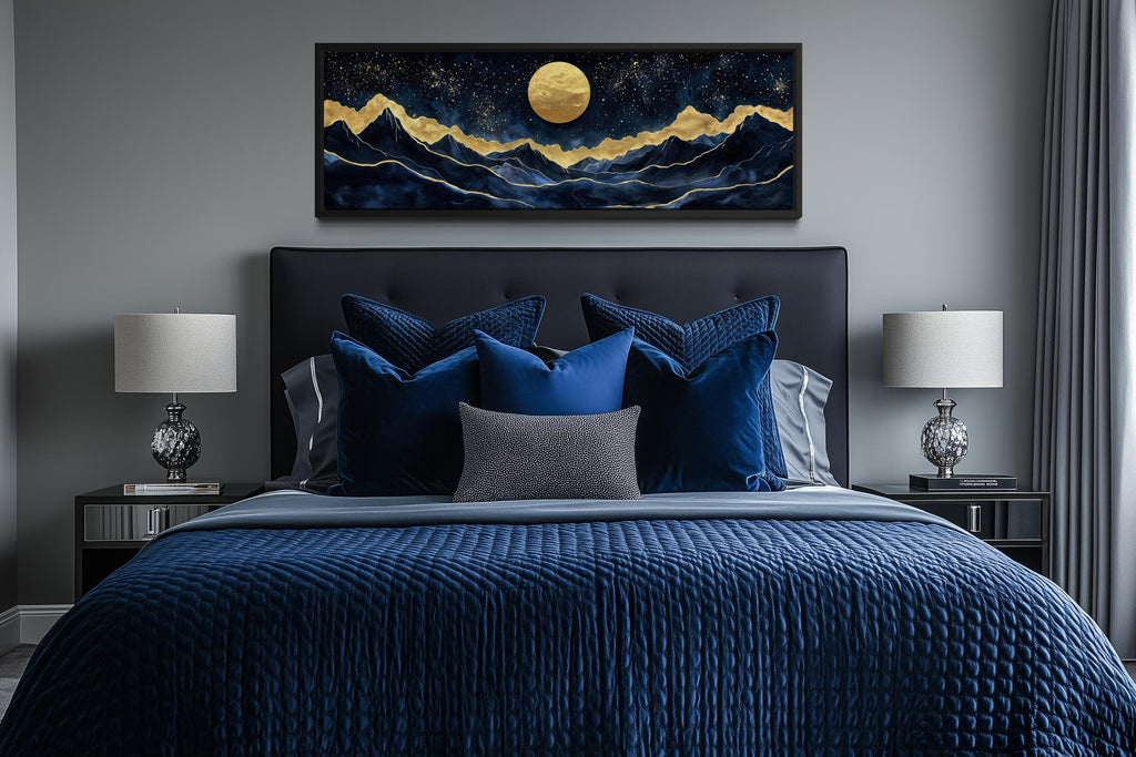 Gold Navy Wall Art | Moon Mountain Landscape Canvas Print - Luxury Celestial Decor