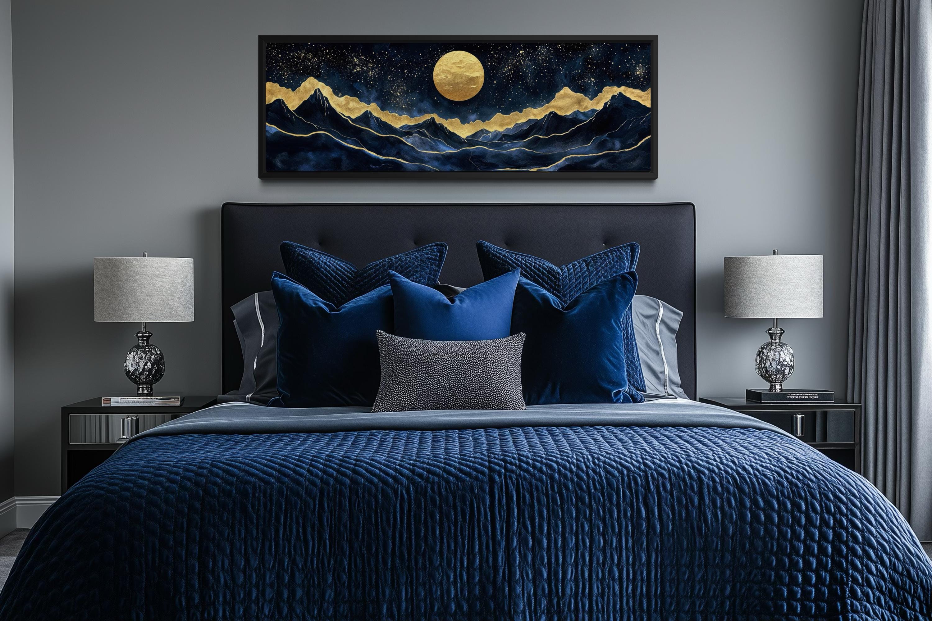 Gold Navy Wall Art | Moon Mountain Landscape Canvas Print - Luxury Celestial Decor