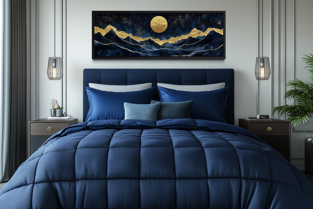 Gold Navy Wall Art | Moon Mountain Landscape Canvas Print - Luxury Celestial Decor