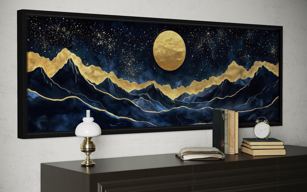 Gold Navy Wall Art | Moon Mountain Landscape Canvas Print - Luxury Celestial Decor
