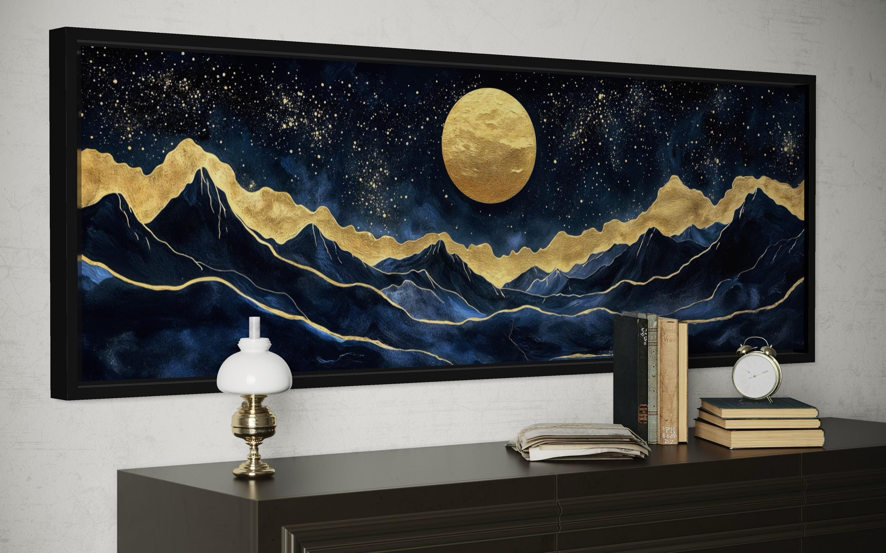 Gold Navy Wall Art | Moon Mountain Landscape Canvas Print - Luxury Celestial Decor