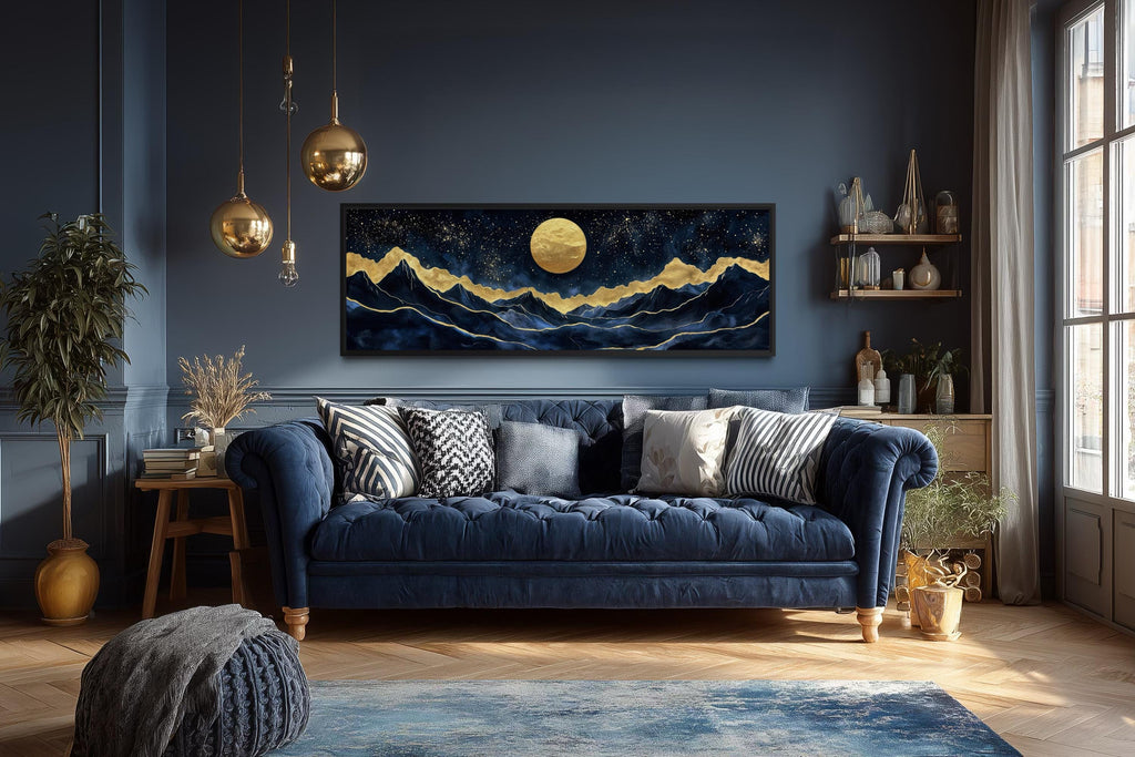Gold Navy Wall Art | Moon Mountain Landscape Canvas Print - Luxury Celestial Decor
